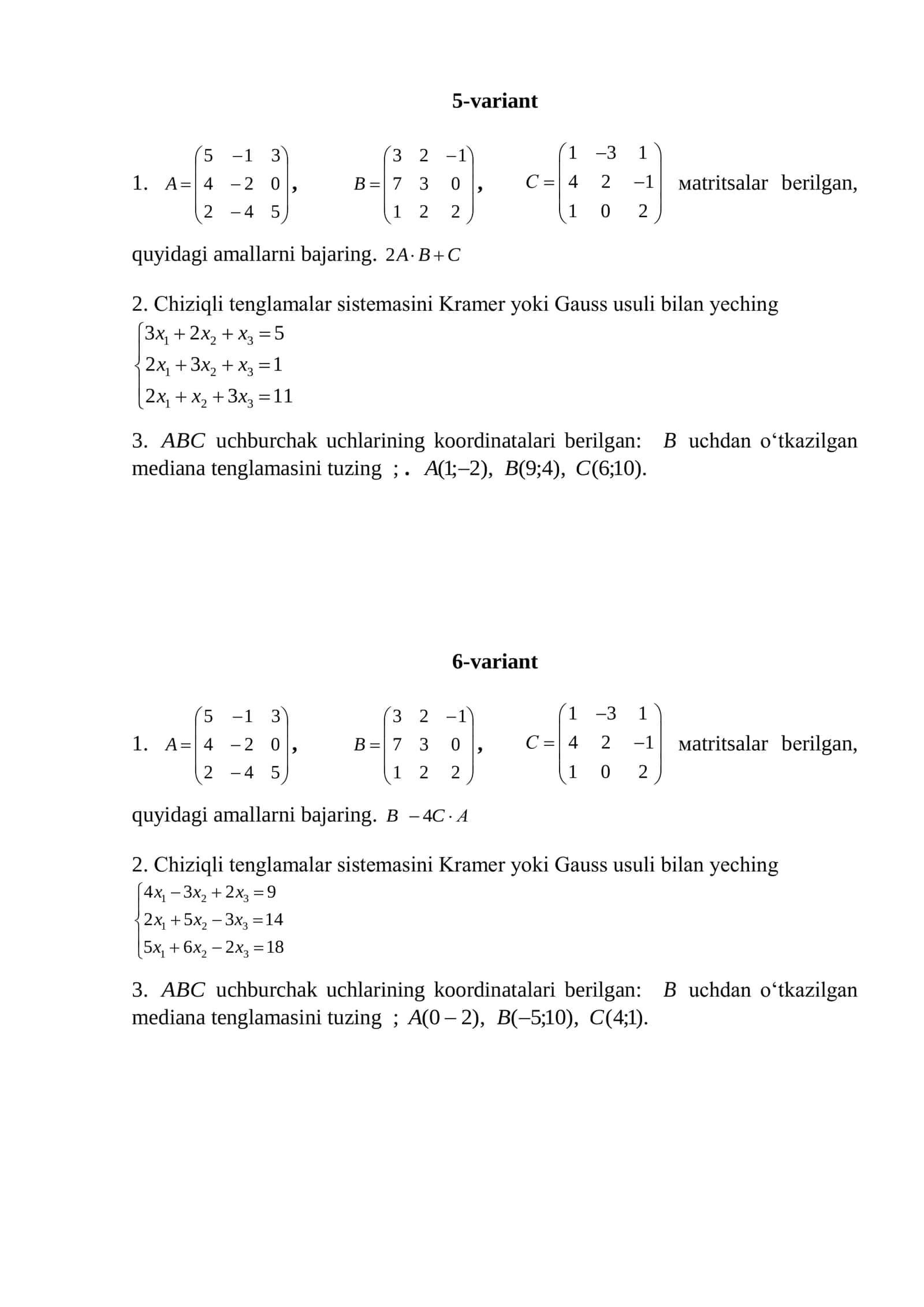 Amaliy matematika1,2 fanidan oraliq nazorat ishi topshiriq variantlari 3