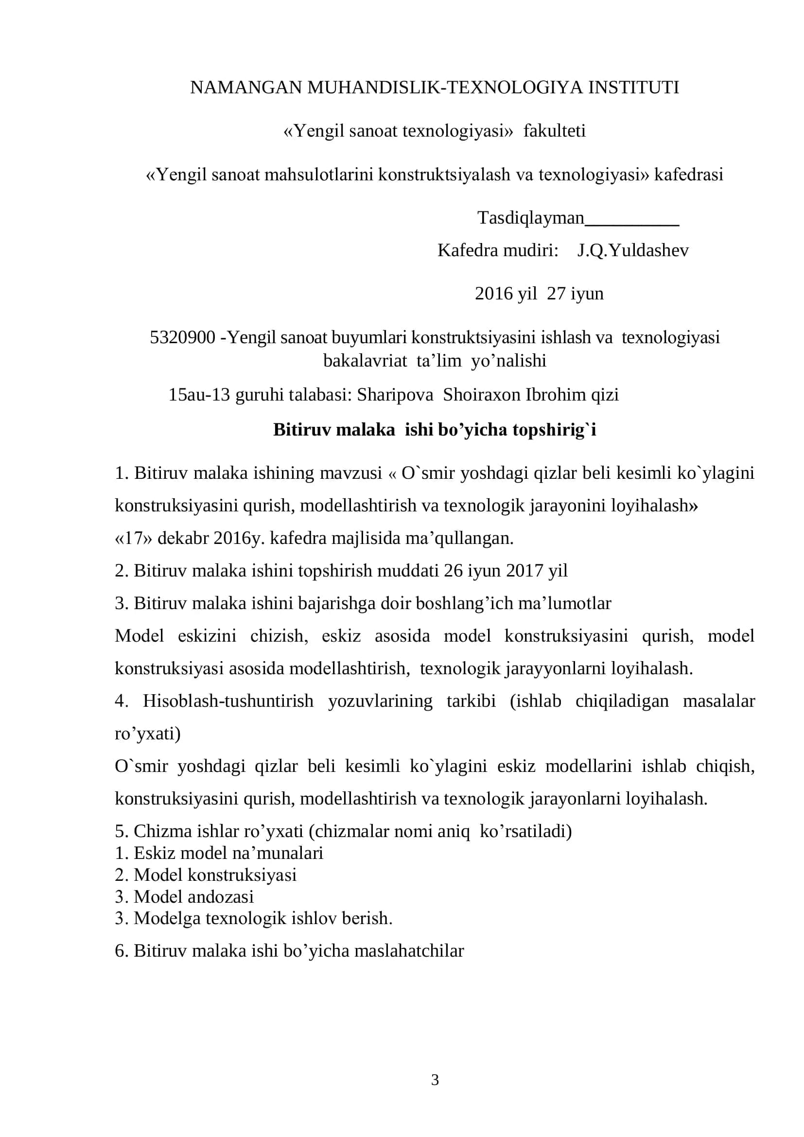 Yengil sanоat buyumlari kоnstruktsiyasini ishlash va texnоlоgiyasi yo’nalishi bo’yicha bitiruvchi 3