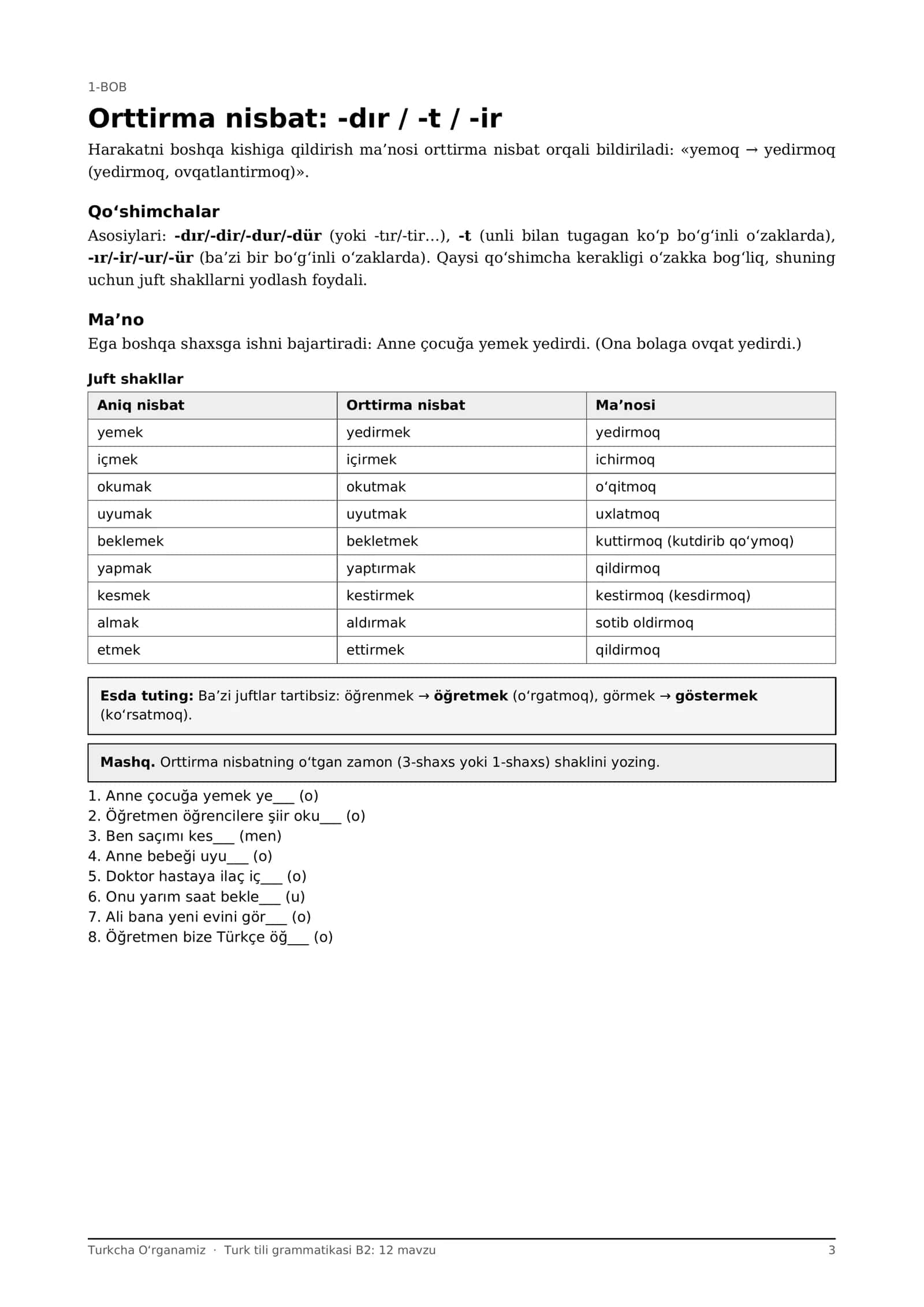 Turk tili grammatikasi B2: 12 mavzu, nisbatlar, -ınca, -dıkça, murakkab gaplar (PDF) 3