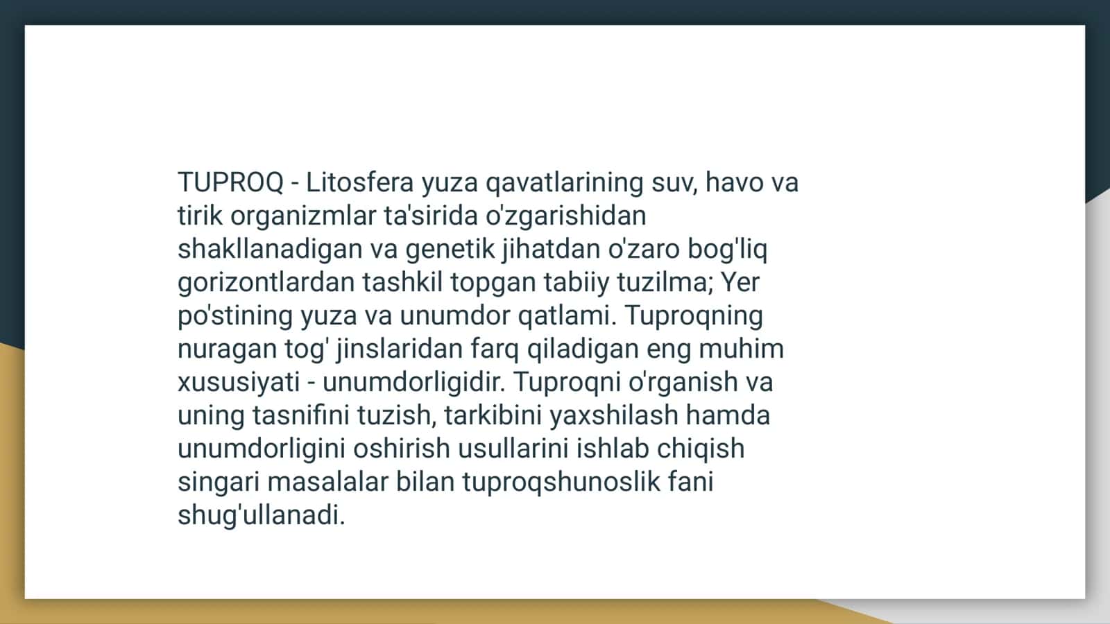 Tuproq haqida umumiy tushuncha. Tuproq geografik obyekt ekanligi. Umumiy va xususiy tuproqlar geografiyasi. Tuproqlarni tadqiq etishga hissa qo'shgan olimlar. 3