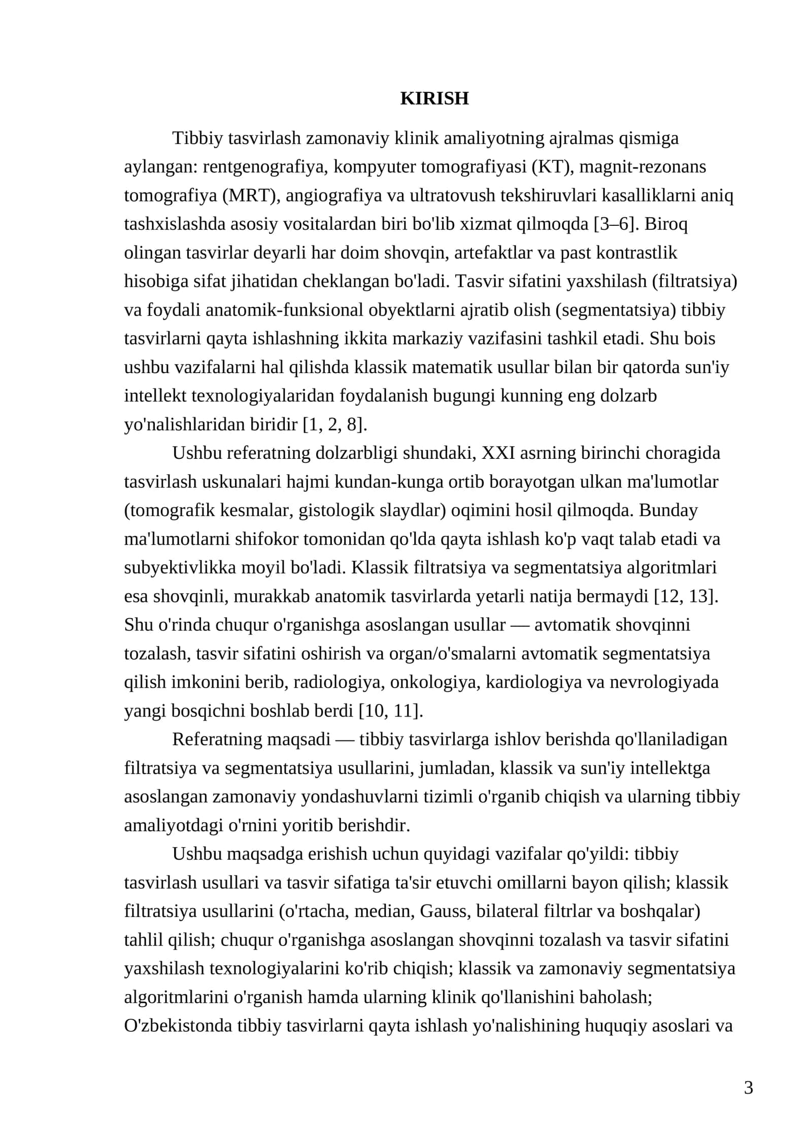 TIBBIY TASVIRLARGA ISHLOV BERISHDA FILTRATSIYA VA SEGMENTATSIYA USULLARINING QO'LLANILISHI 3