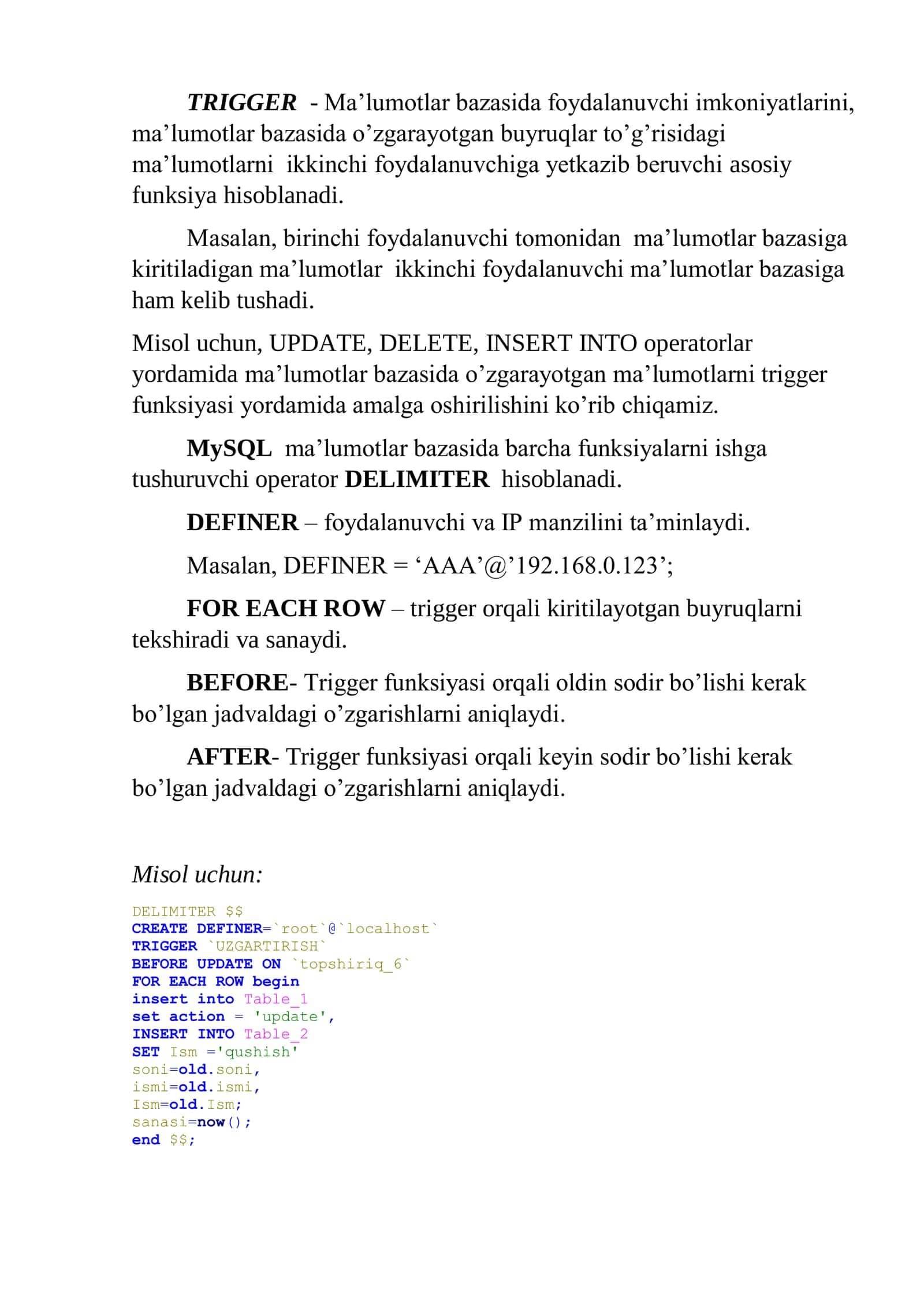 TRIGGER. Tashqi kalitlar. Cursor 3