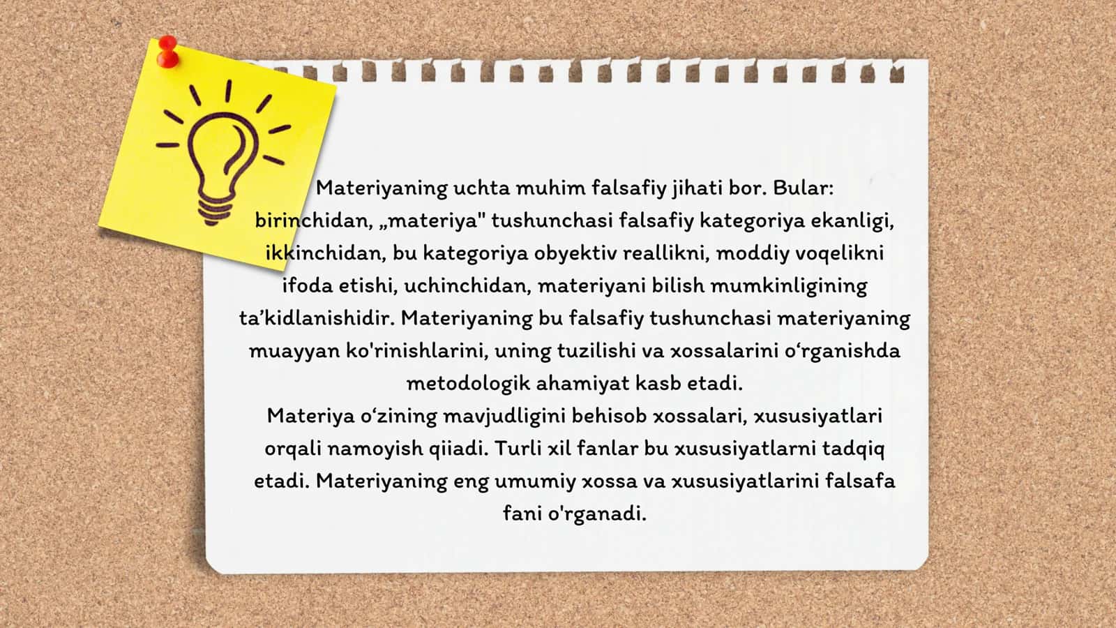 Moddiy olamning asosida yotiiVchi umumiy mohiyatni axtarish falsafada materiya haqidagi tasawurlarning rivojlanishiga sabab bo‘ldi 3