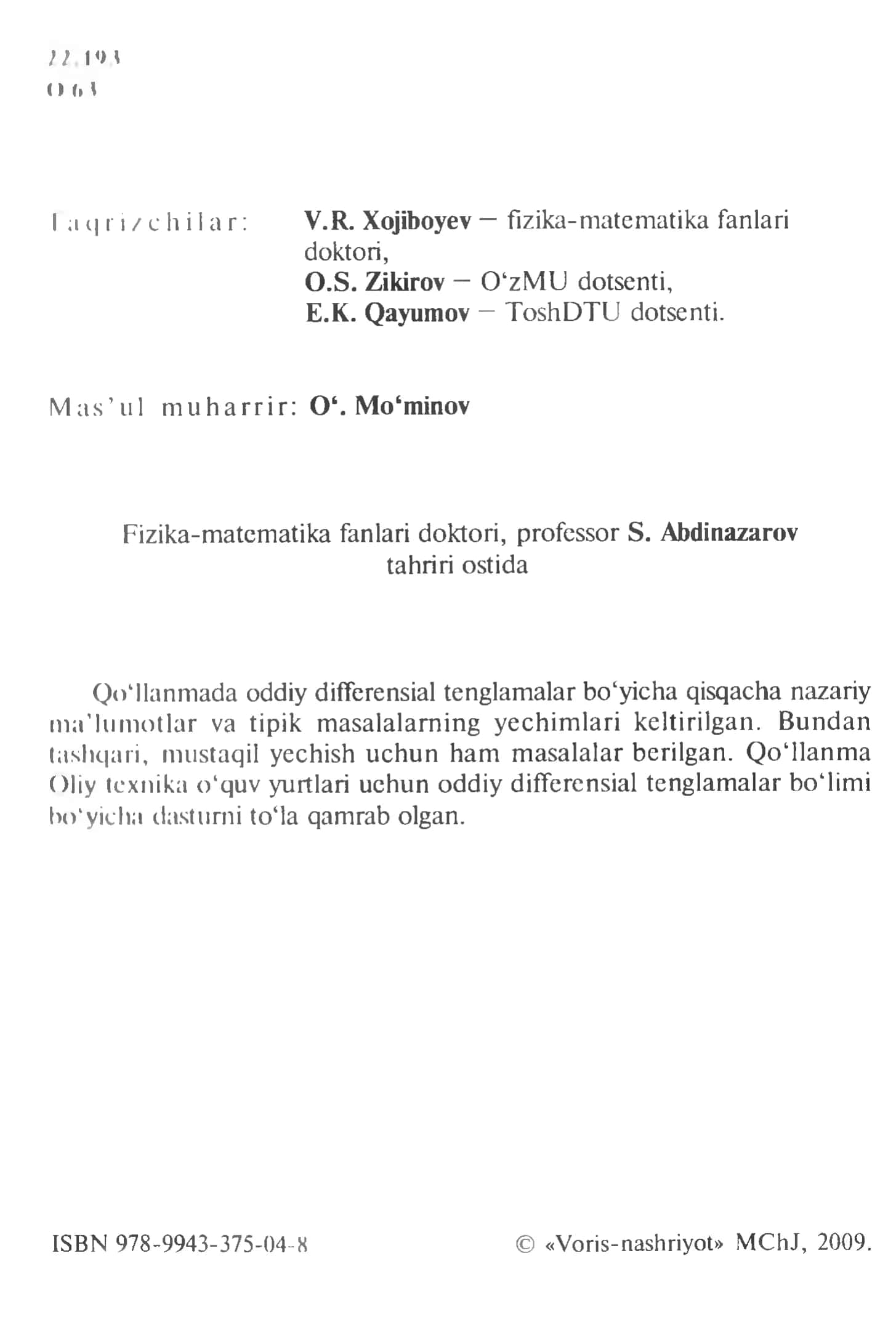 ODDDIY DIFFERENSIAL TENGLAMALARDAN MISOL VA MASALALAR TOTLAMI 3