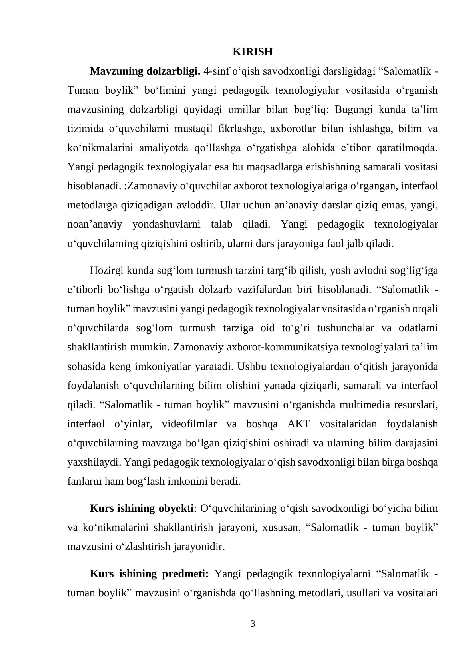 “Salomatlik - Tuman boylik” boʻlimini yangi pedagogik texnologiyalar vositasida oʻrganish 3