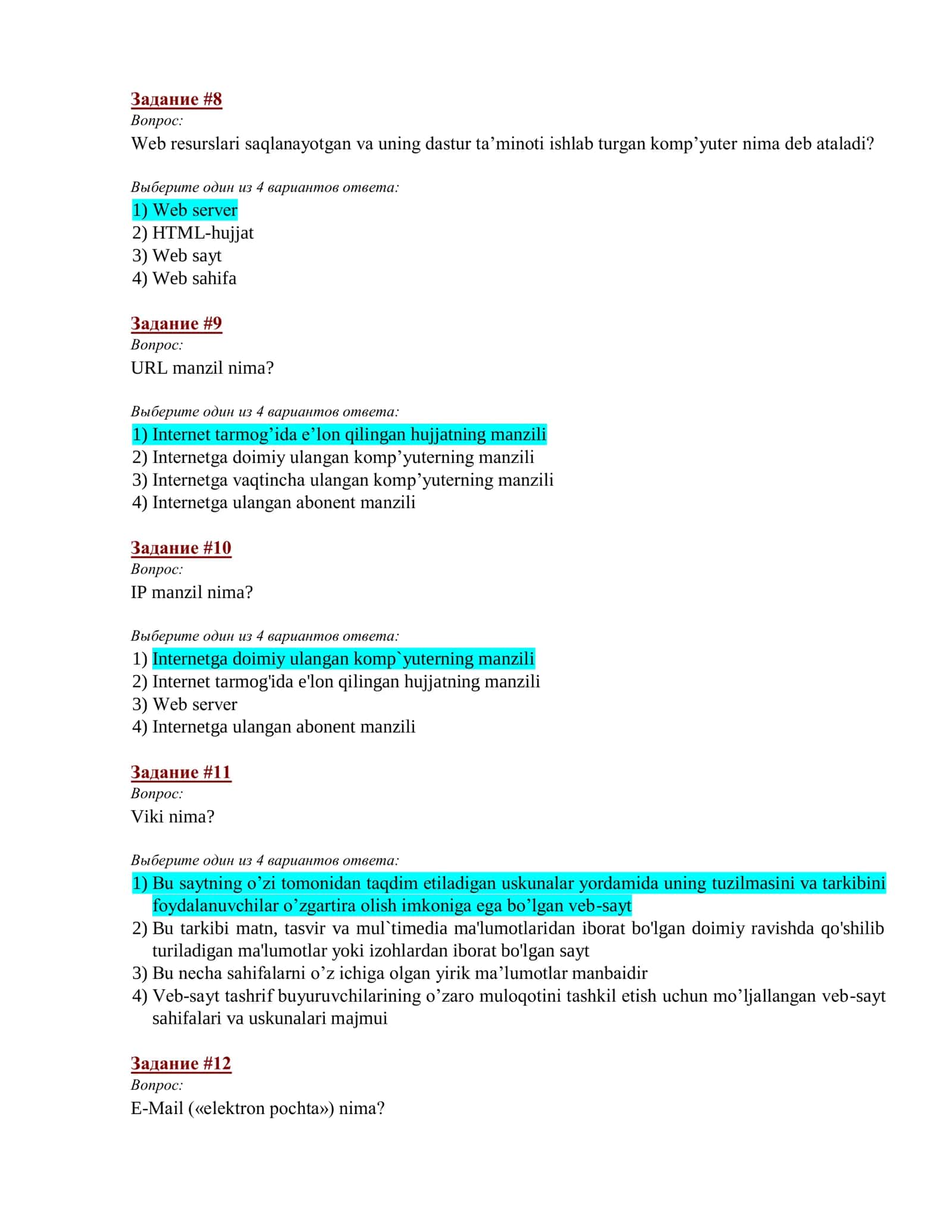 Axborot texnologiyalar fanidan testlar TATU 3