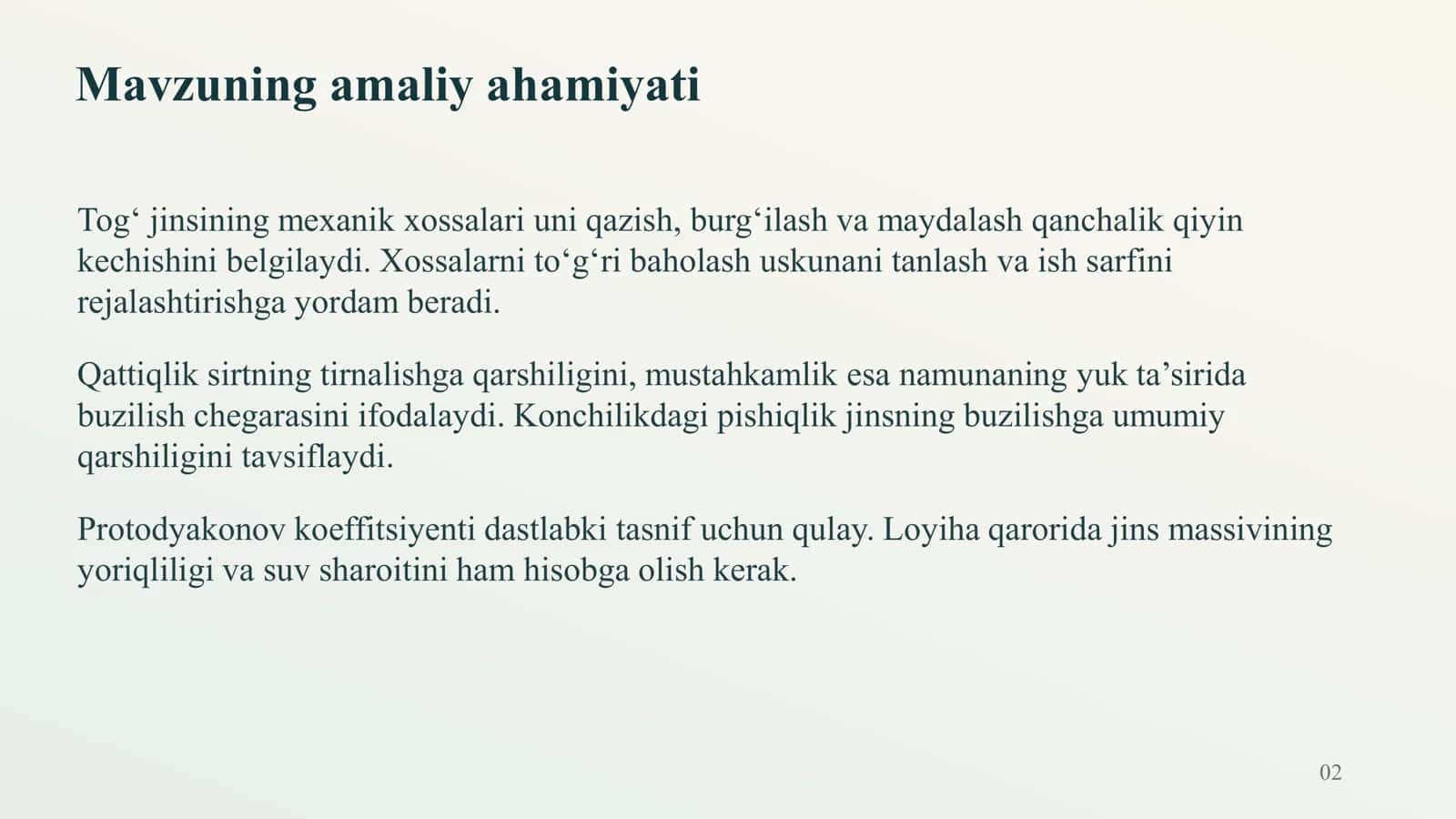 Tog‘ jinslarining qattiqligi, pishiqligi va ularni Protodyakonov shkalasi bo‘yicha tasniflash 3