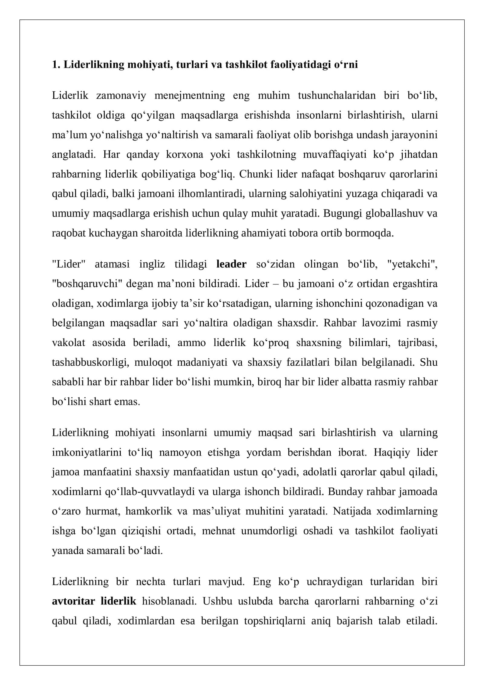 Liderlik, motivatsiya va zamonaviy boshqaruv usullarining tashkilot faoliyatidagi ahamiyati. 3