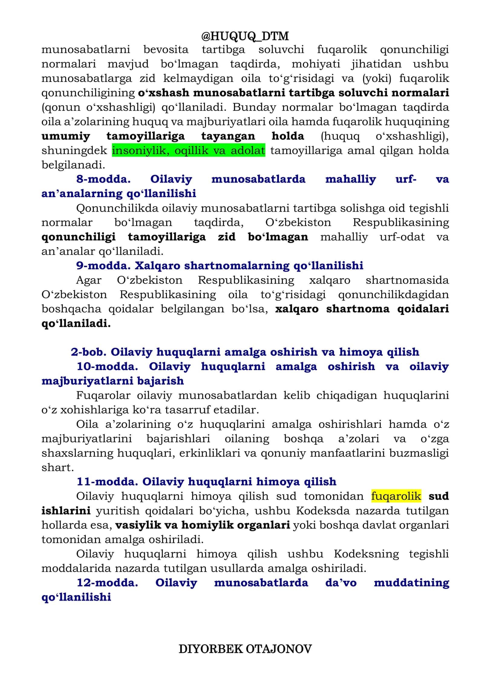 Oʻzbekiston Respublikasining Oila Kodeksi I Boʻlim 3