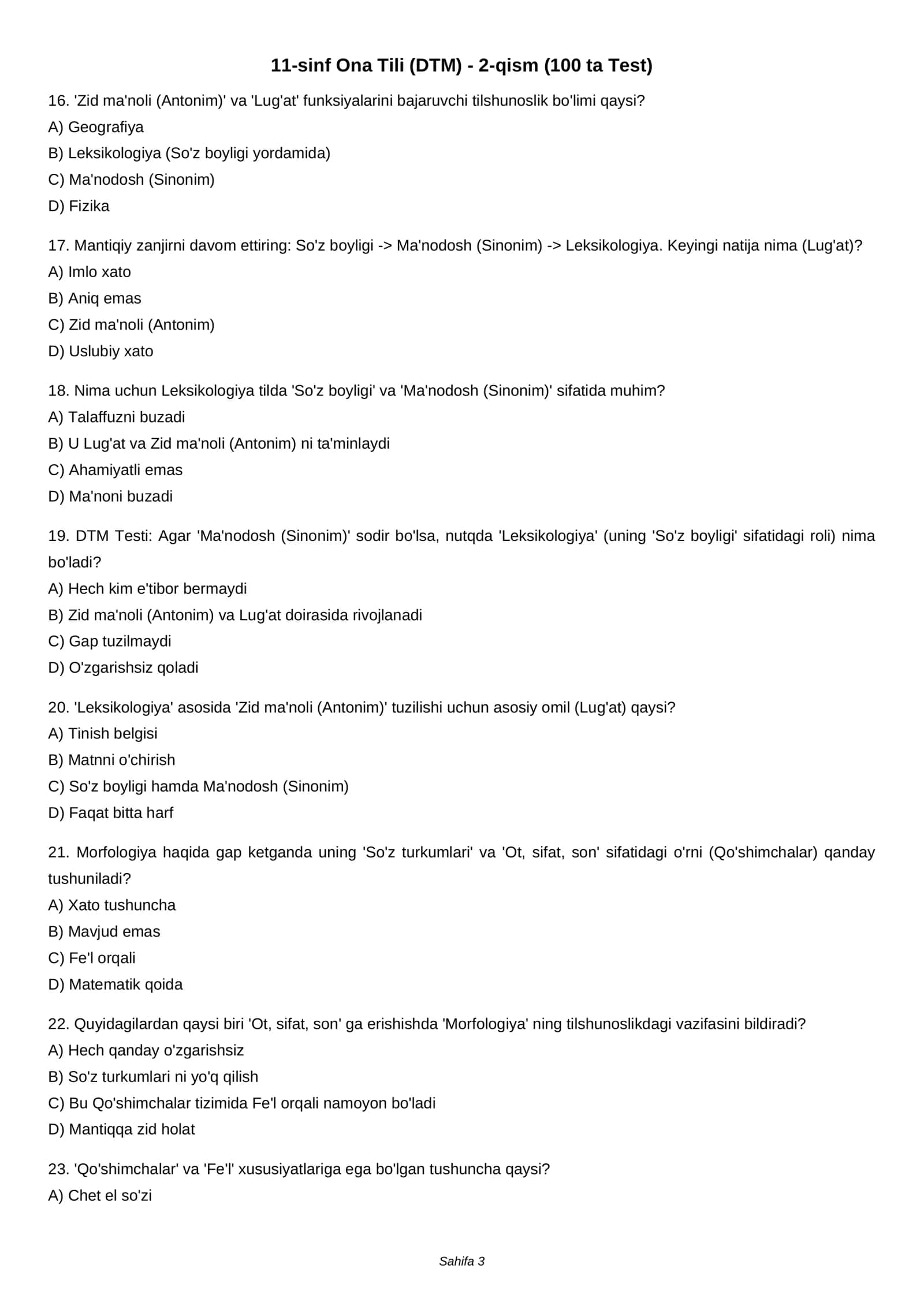 11-sinf Ona Tili (DTM) - 2-qism (100 ta Test) 3