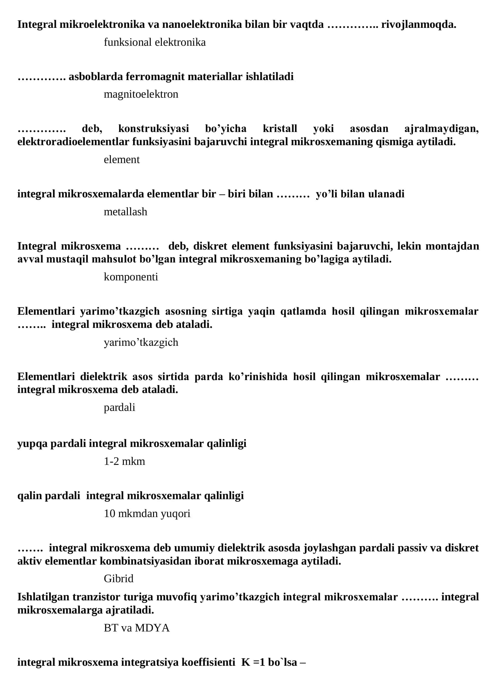 Elektronika va sxemalar 2 test savollari javoblari 3
