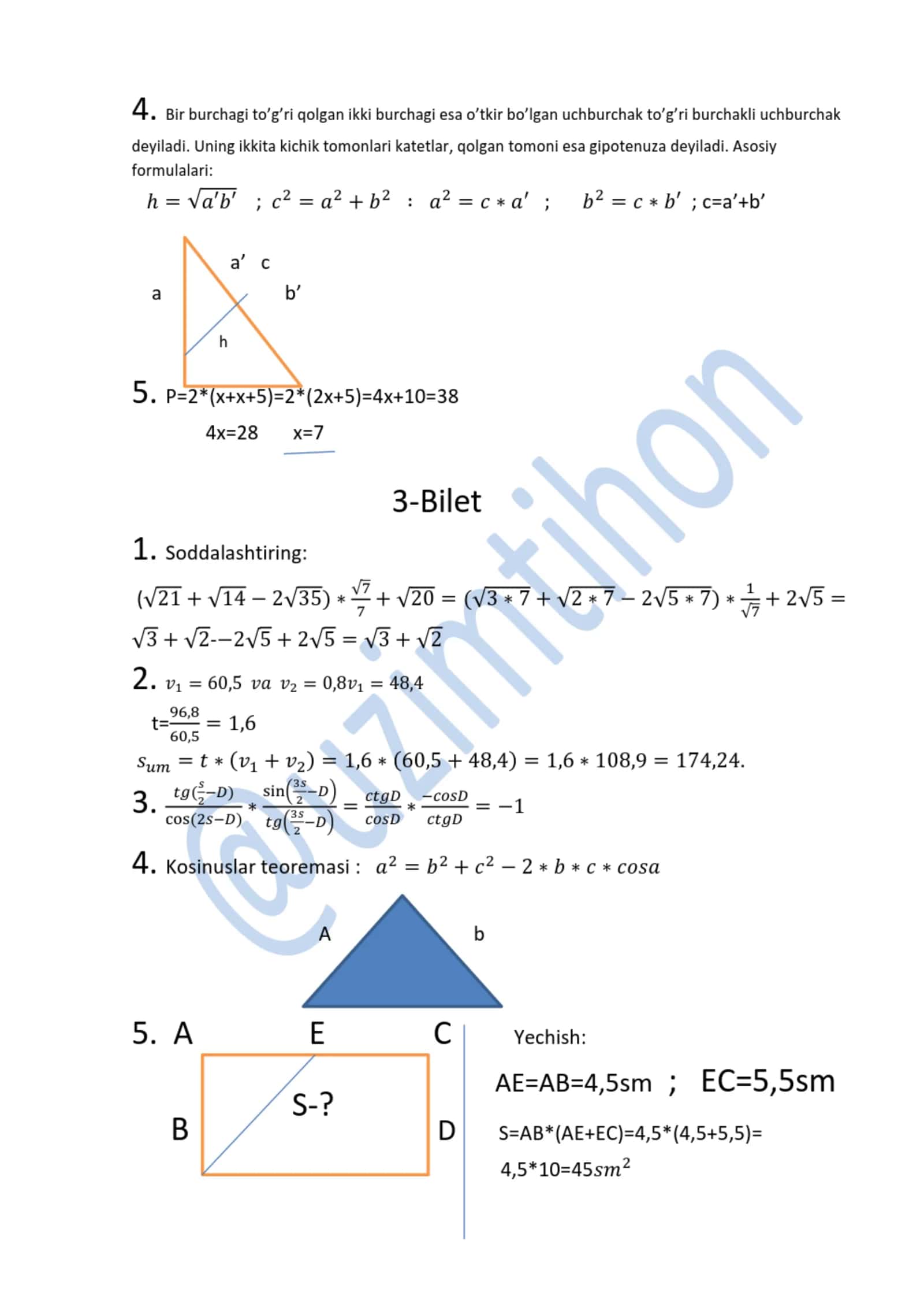 MATEMATIKA 9-SINF MATEMATIK 9- SINFLAR UCHUN IMTIHON JAVOBLARI 3