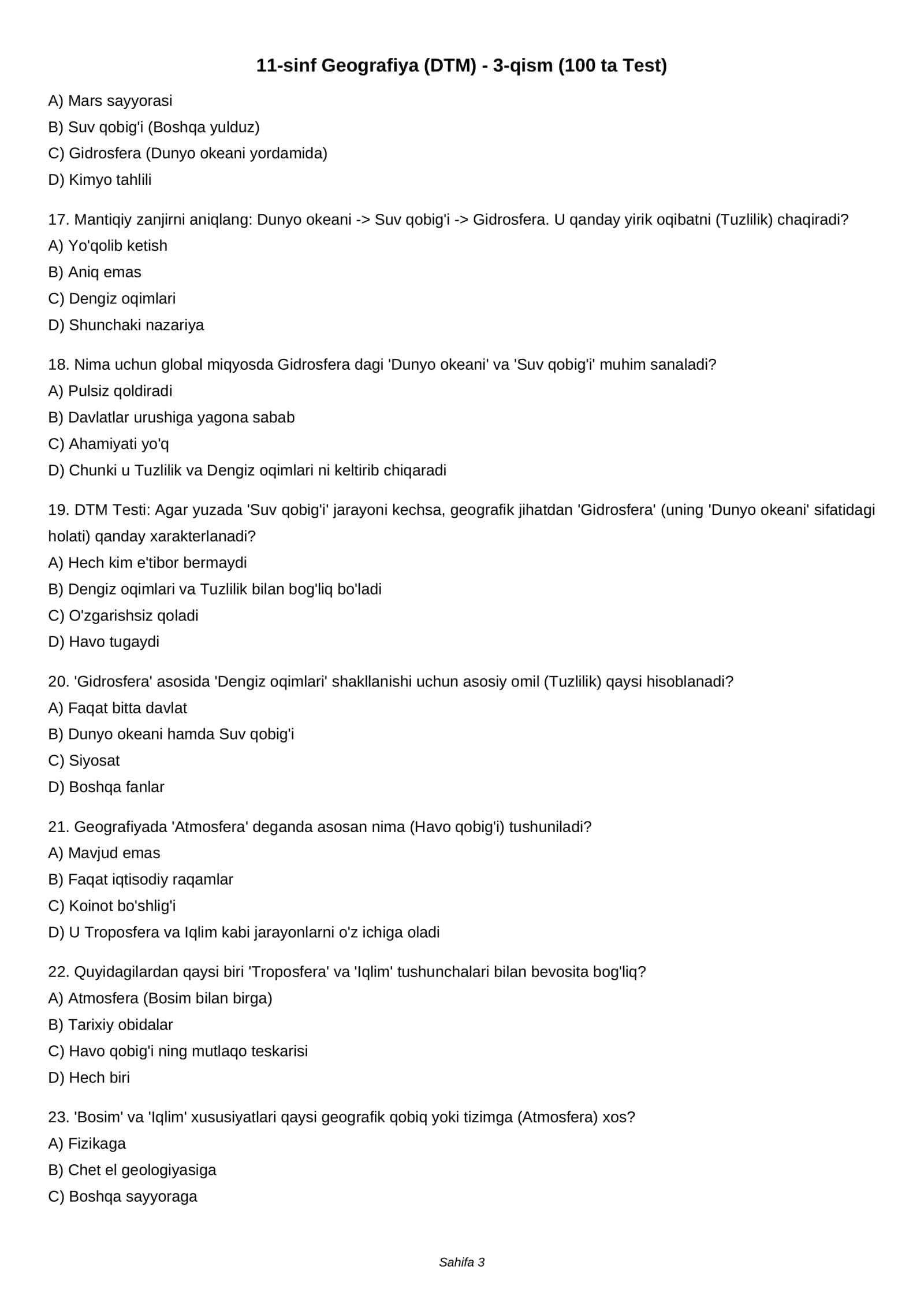 11-sinf Geografiya (DTM) - 3-qism (100 ta Test) 3