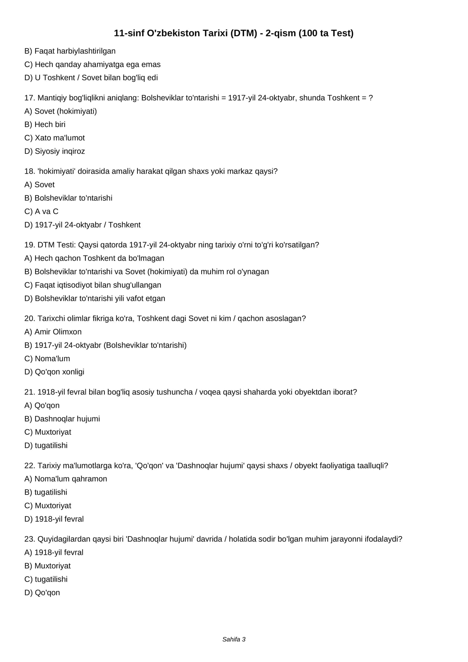 11-sinf O'zbekiston Tarixi (DTM) - 2-qism (100 ta Test) 3