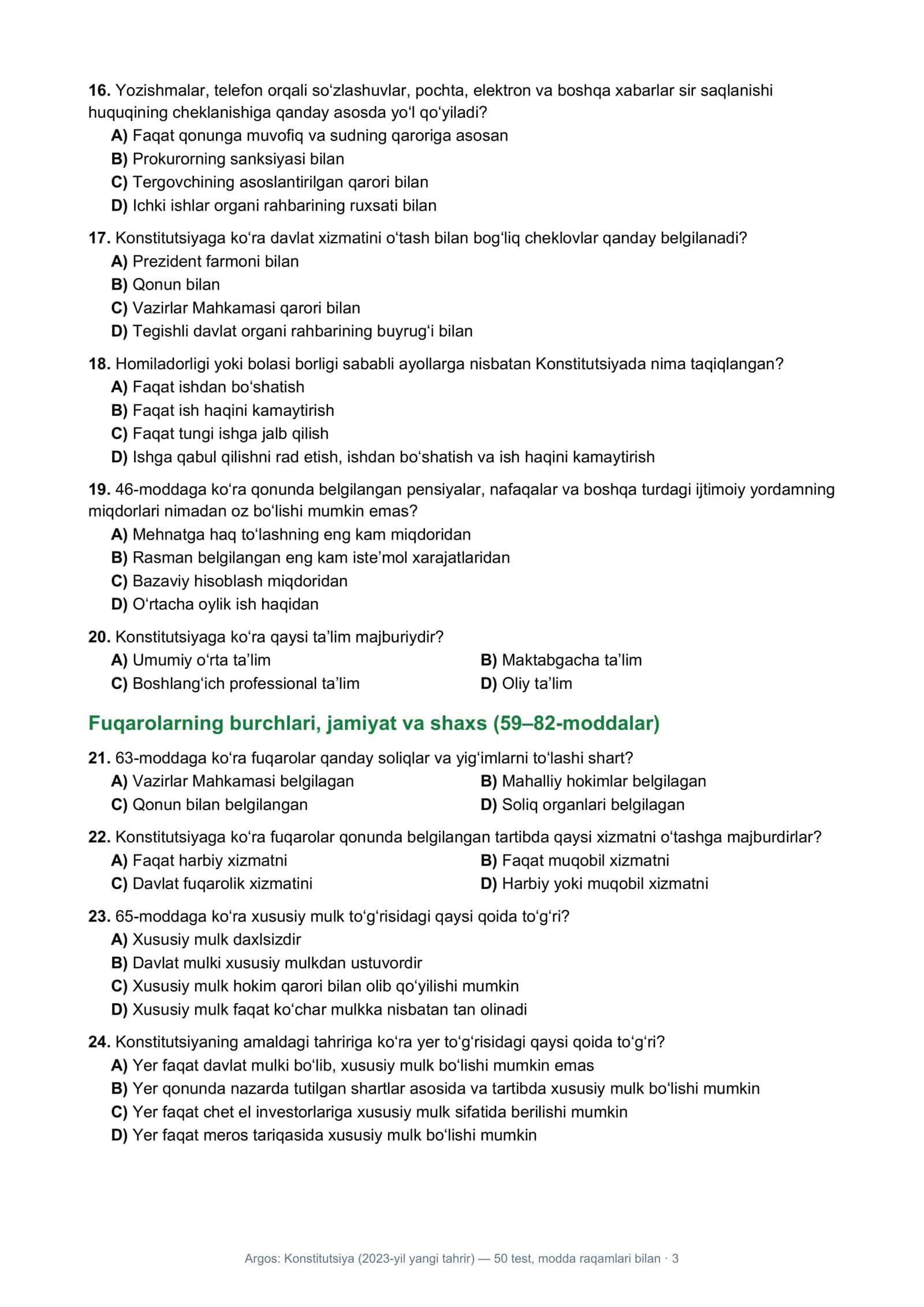 Argos: Konstitutsiya (2023-yil yangi tahrir) — 50 test, modda raqamlari bilan 3