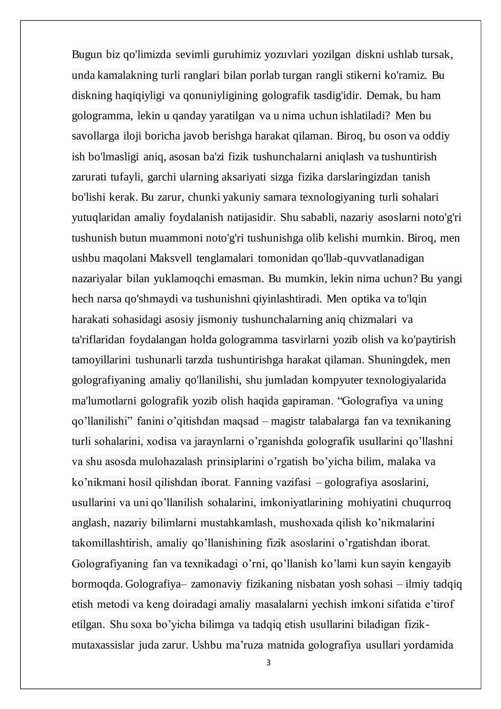 Golografiya to‘gʻrisida tushuncha. Interferensiyaga asoslangan optik asboblar va ularning ekologiyada qo‘llanilishi. Rentgen nurlari va ularning amaliy tadbiqi 3