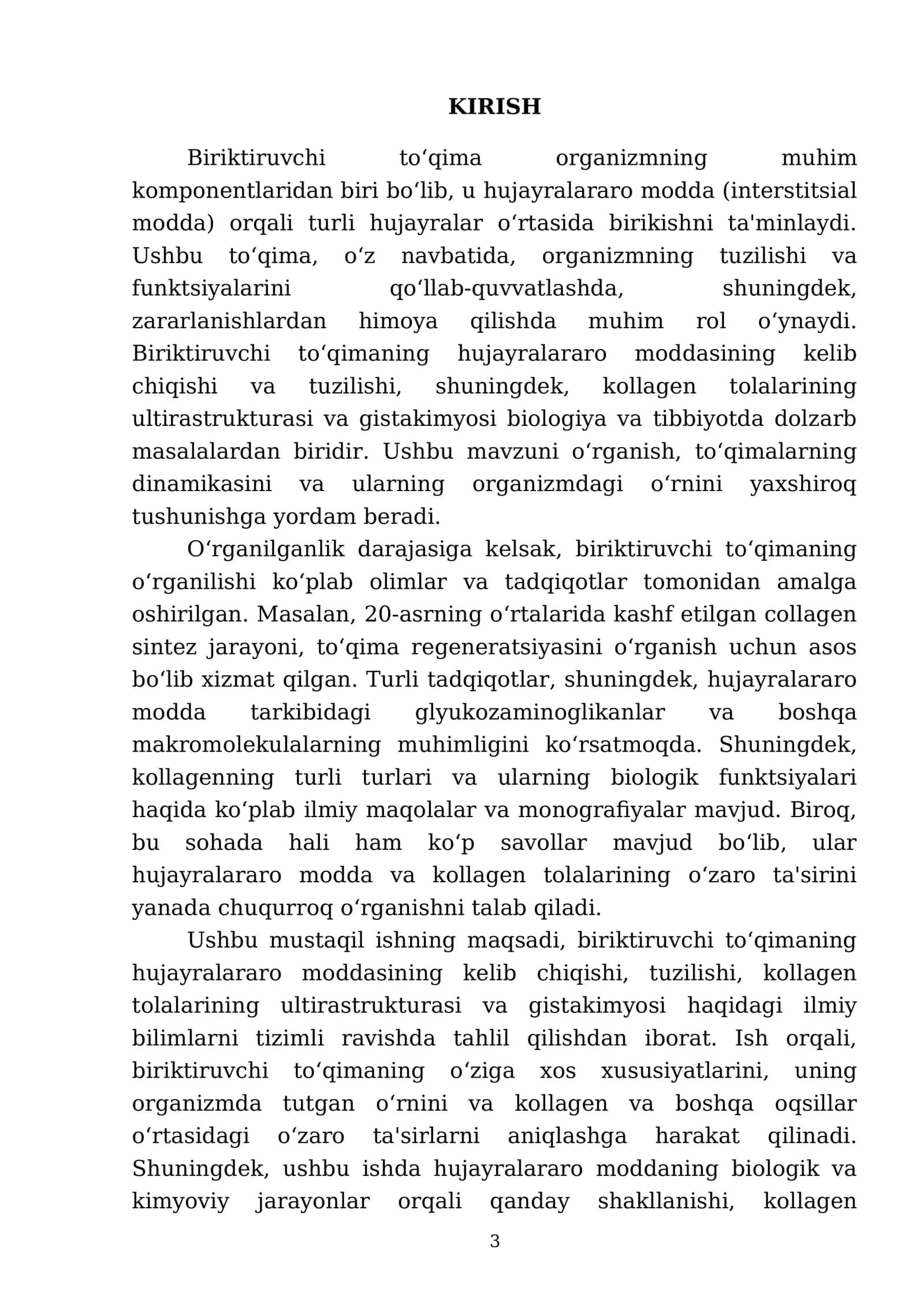 Biriktiruvchi to‘qimaning hujayralararo moddasining kelib chiqishi va tuzilishi. Kollagen tolalarning ultirastrukturasi va gistakimyosi 3