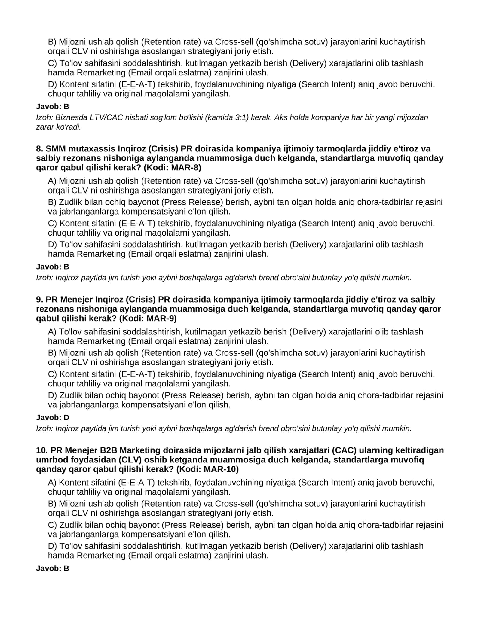 10 MARKETING SOTUV - 200 TA QIYIN TESTLAR 3
