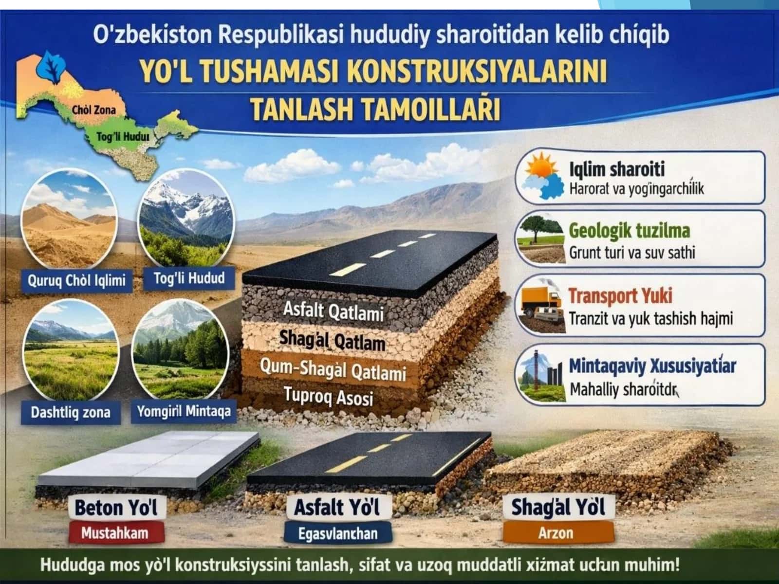 O'zbekiston Respublikasi hududiy sharoitidan kelib chiqib yo'l tushamasi konstruksiyalarini tanlash tamoillari 3