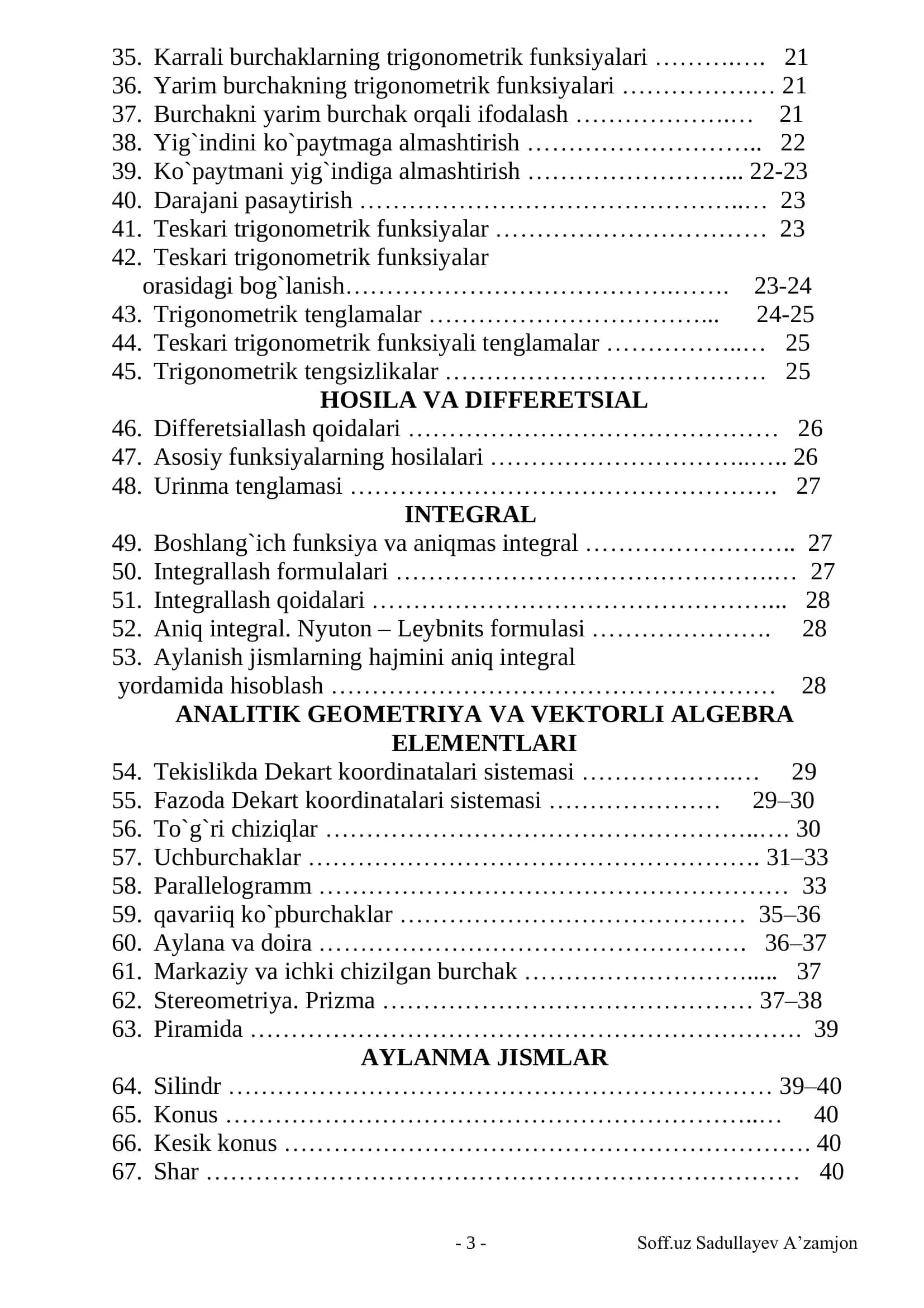 Matematika formulalar to'plami kitobcha 3