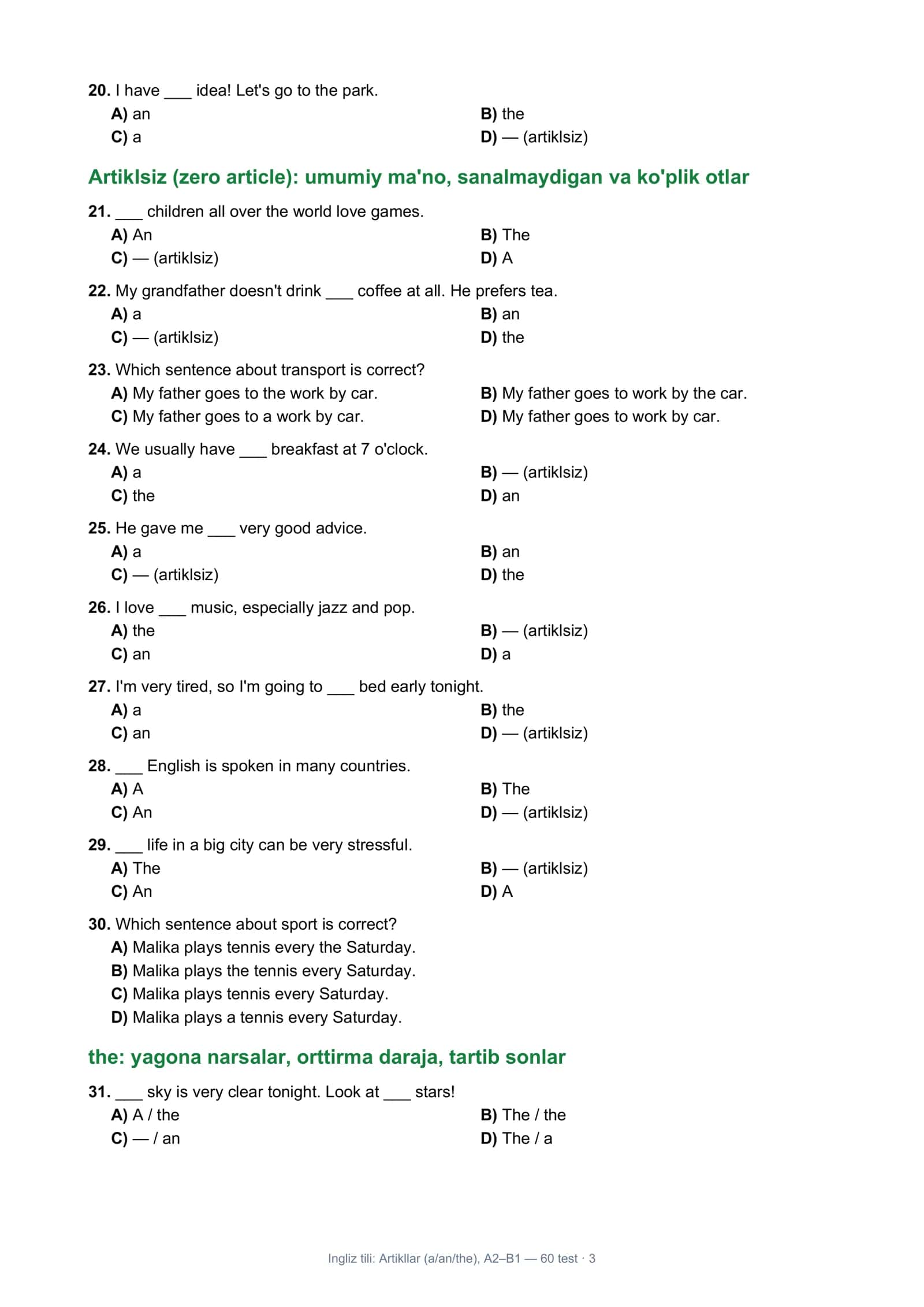 Ingliz tili: Artikllar (Articles a/an/the), A2–B1 — 60 test · 1 3