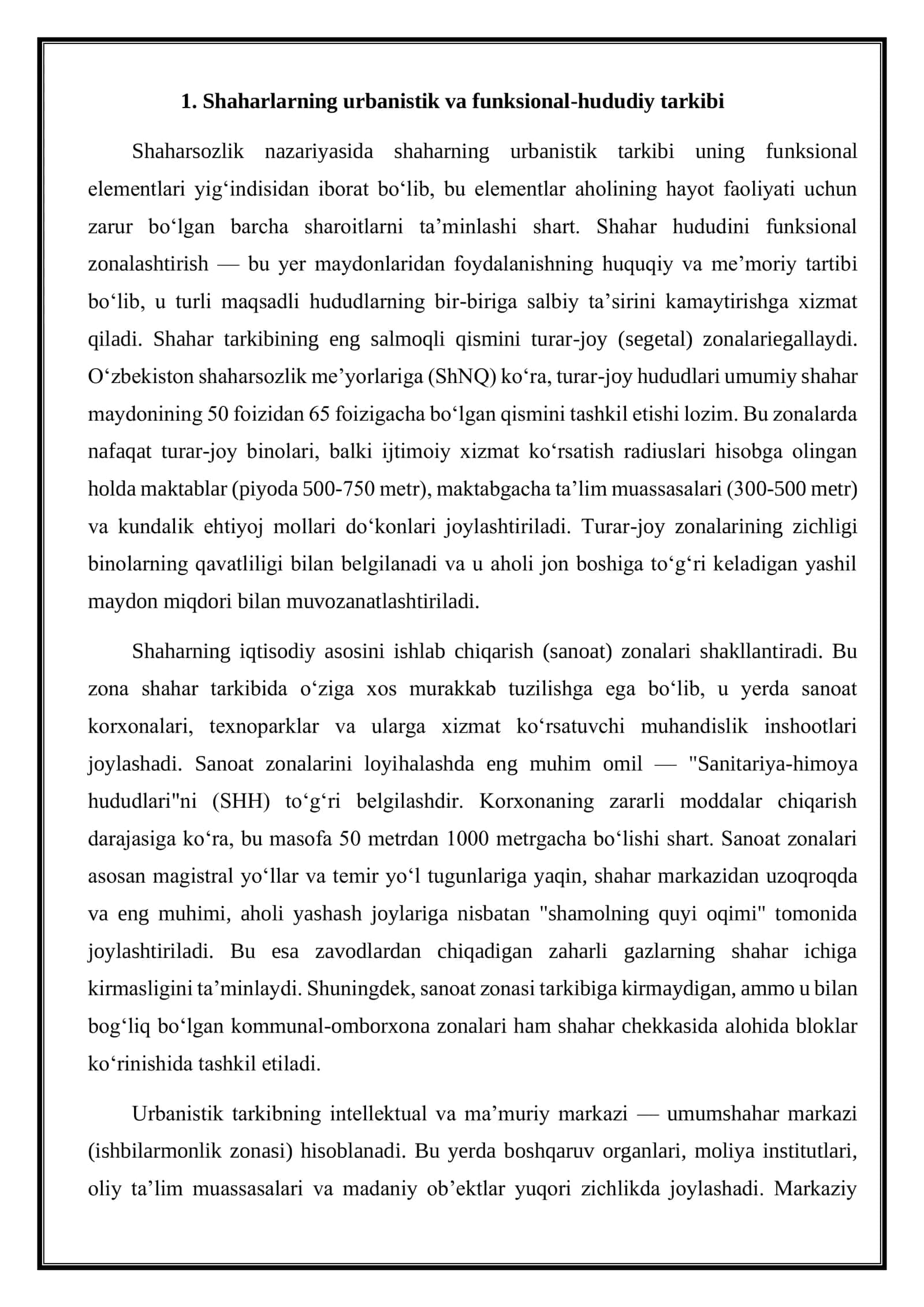 Shaharlarning urbanistik va hududiy tarkibi. Yirik, katta, o‘rta va kichik shaharlar. Shaharlarni joylashtirish sxemalari. “Optimal shahar” karta-sxemasini tayyorlash. 3