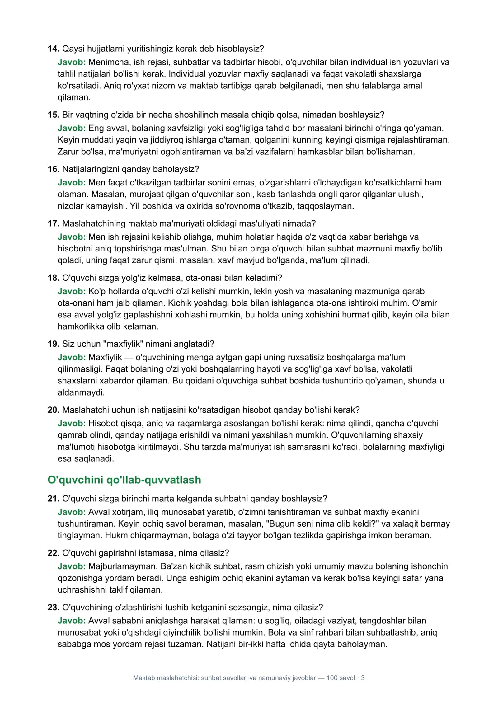 Maktab maslahatchisi: suhbat savollari va namunaviy javoblar — 100 savol 3