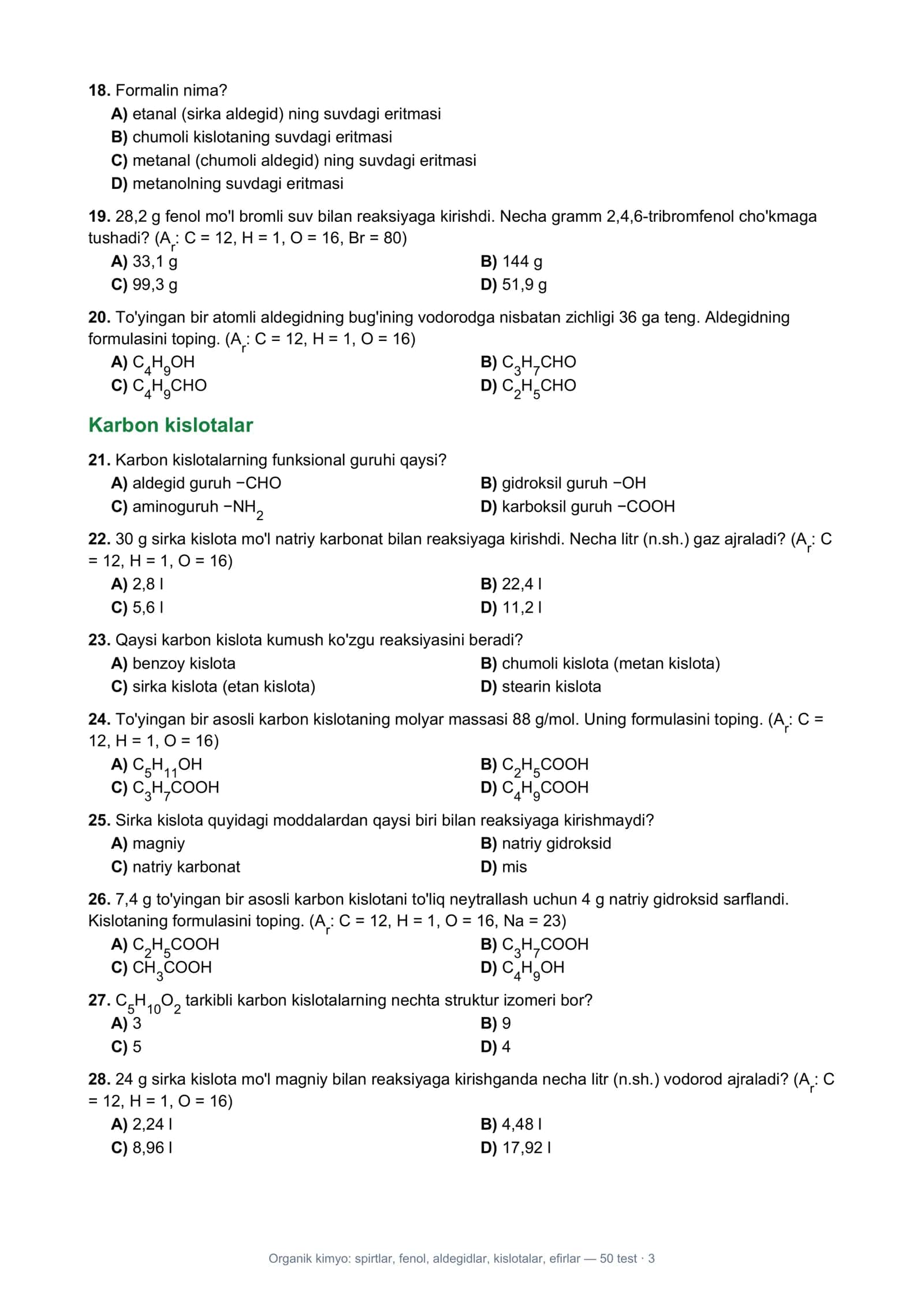 Organik kimyo: spirtlar, fenol, aldegidlar, kislotalar, efirlar — 50 test · 1 3