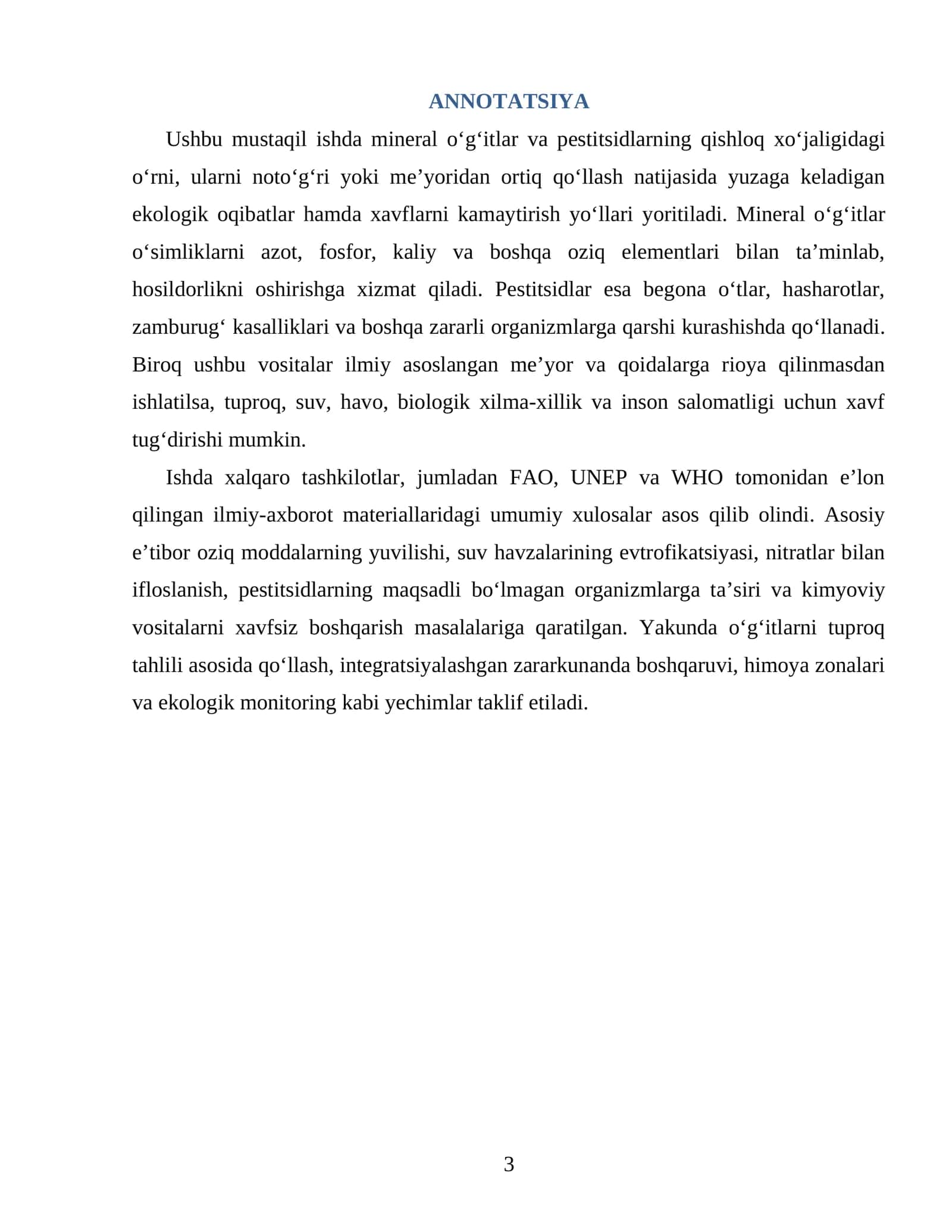 Mineral o‘g‘itlar va pestitsidlardan foydalanishning ekologik oqibatlari 3