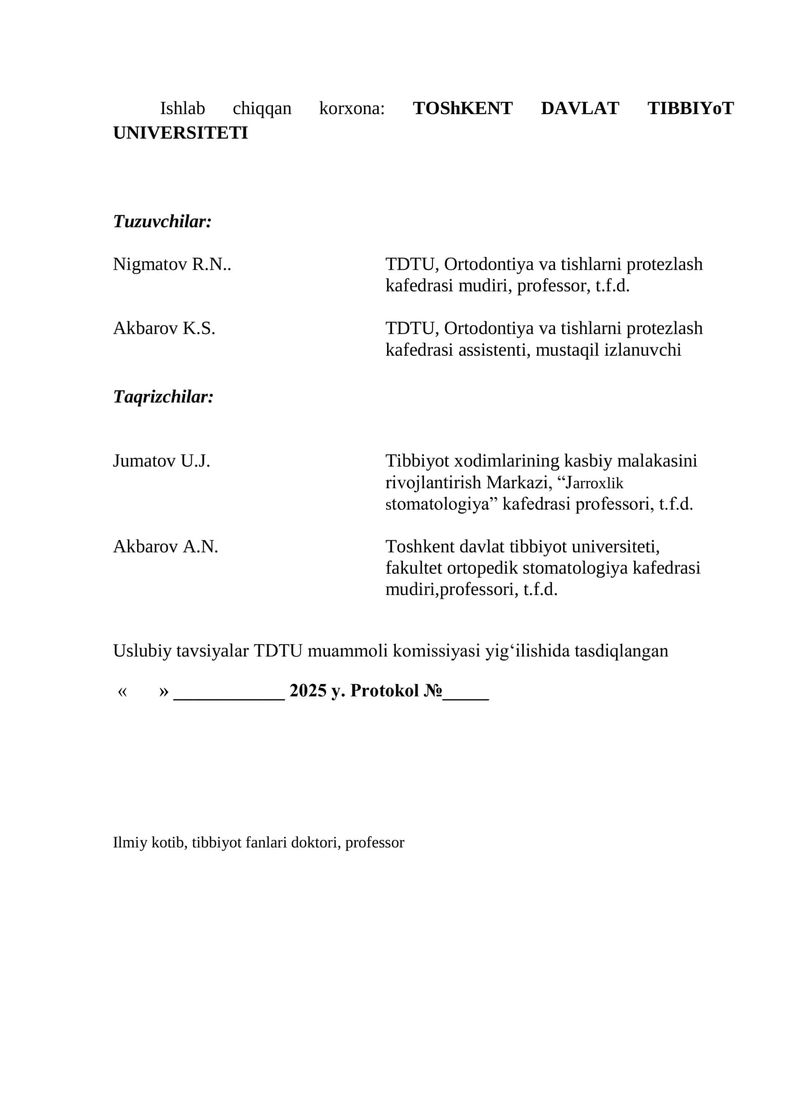 BOLALARDA KESIShGAN PRIKUSNING ORTODONTIK DAVOLASh ALGORITMINI IShLAB ChIQISh VA UNI TAKOMILLAShTIRISh (Uslubiy tavsiyalar) 3