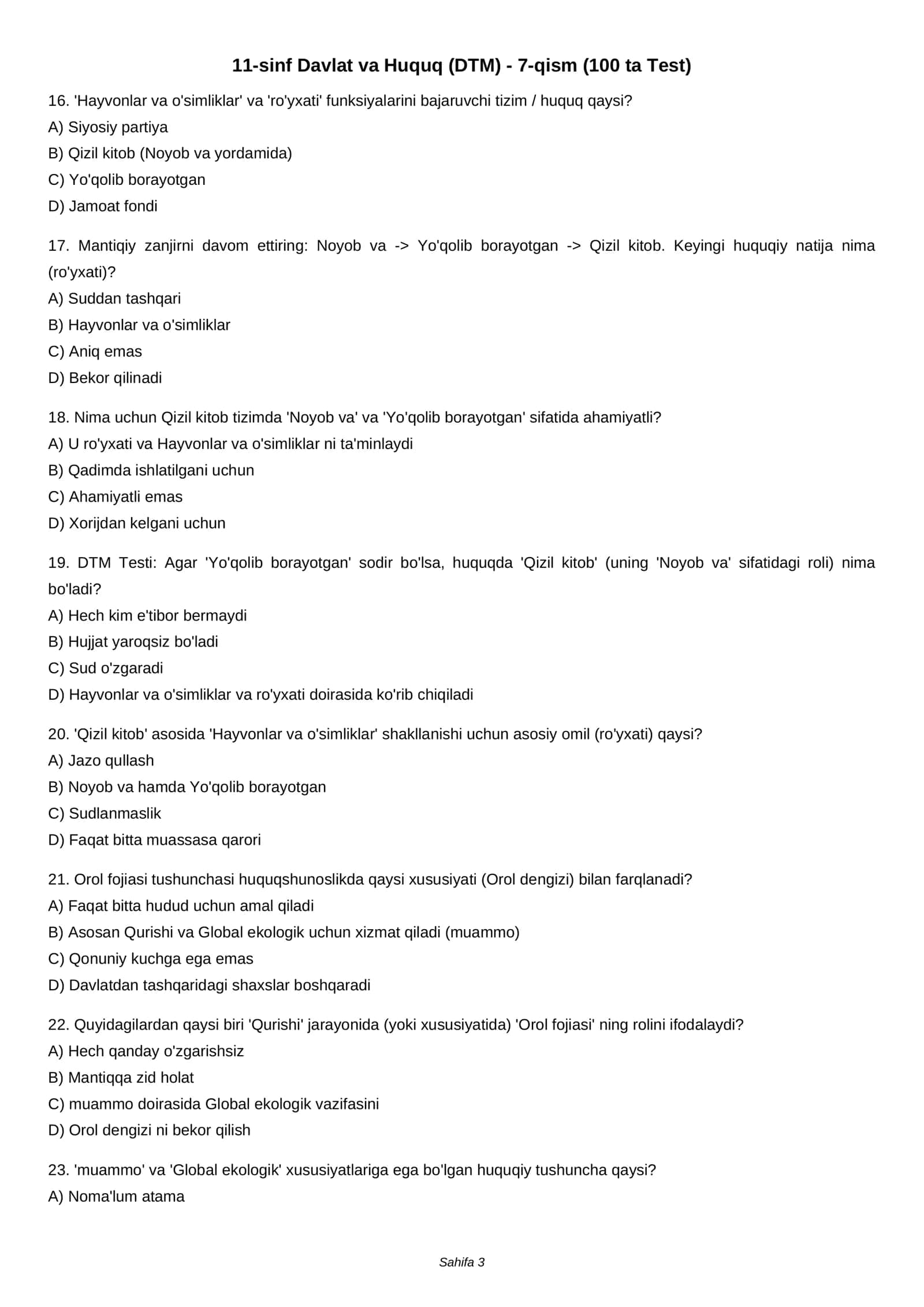 11-sinf Davlat va Huquq (DTM) - 7-qism (100 ta Test) 3