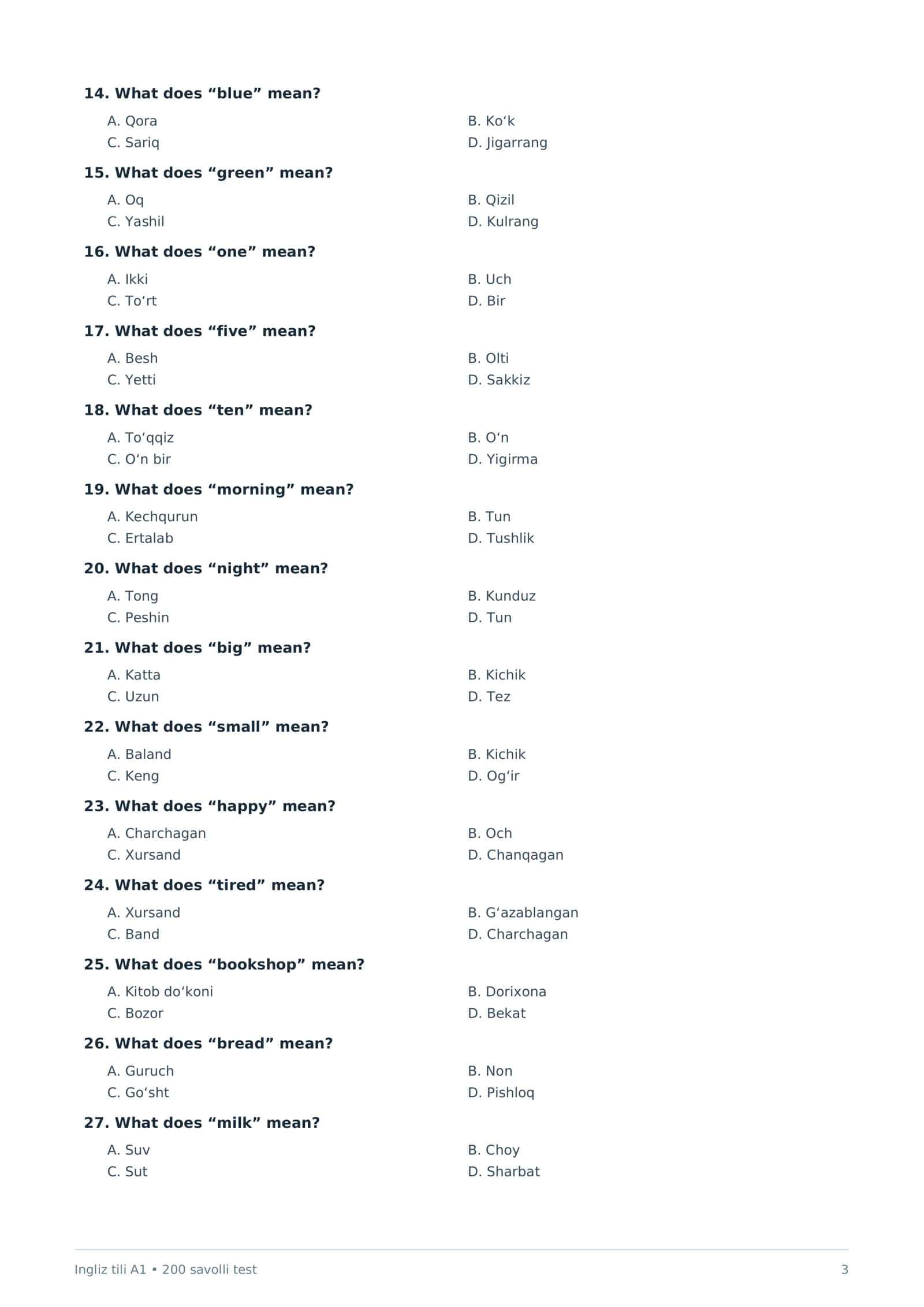 Ingliz tili — A1 daraja
200 ta test savoli • PDF format 3