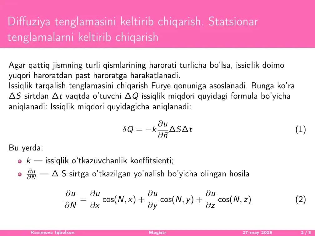 Diffuziya tenglamasini keltirib chiqarish 3