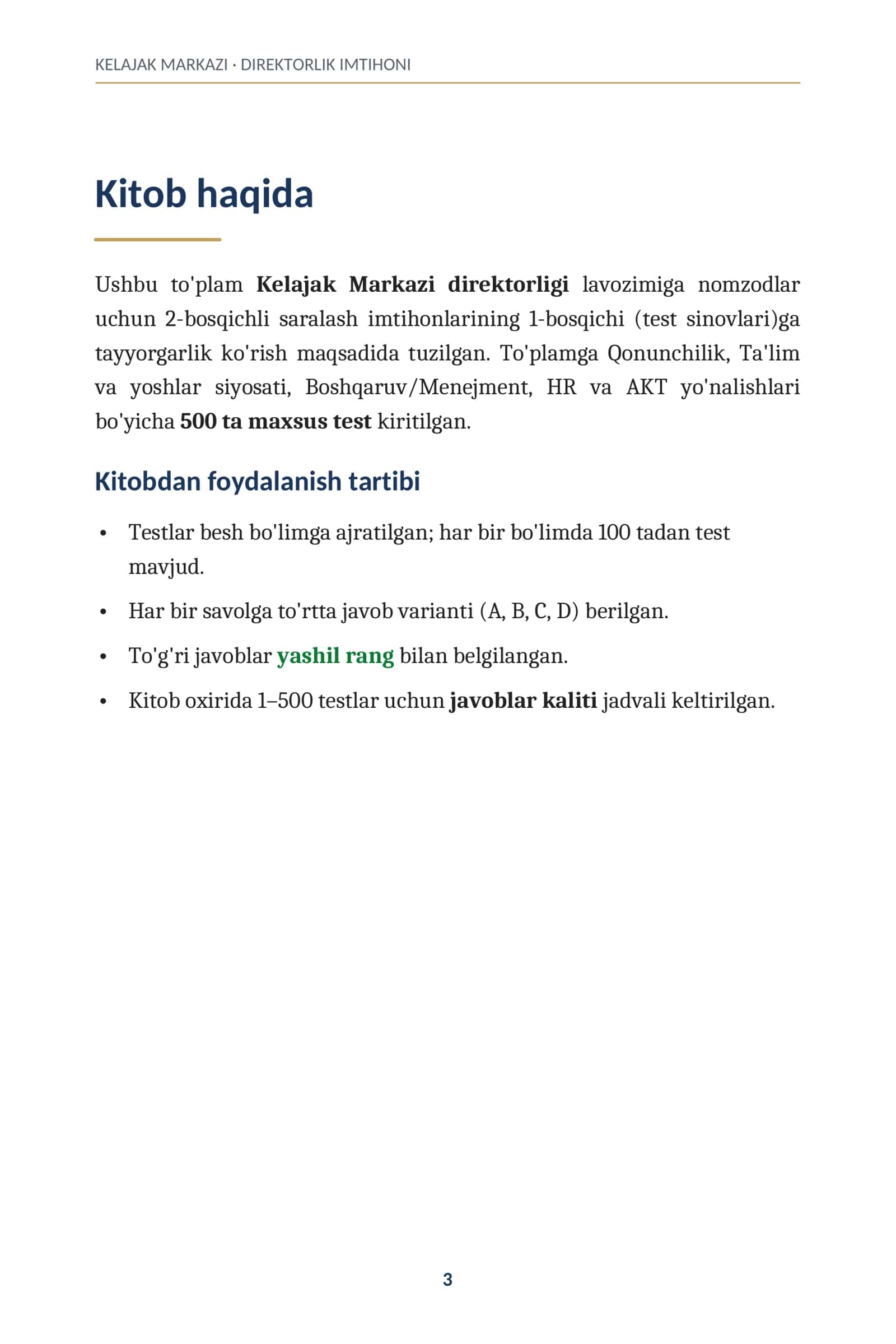 KELAJAK MARKAZI DIREKTORI UCHUN TESTLAR 3