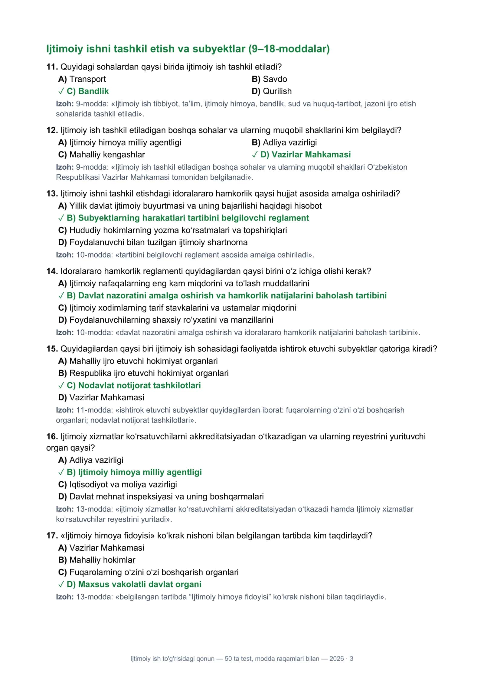 Ijtimoiy ish to'g'risidagi qonun - 50 ta test, modda raqamlari bilan - 2026 3