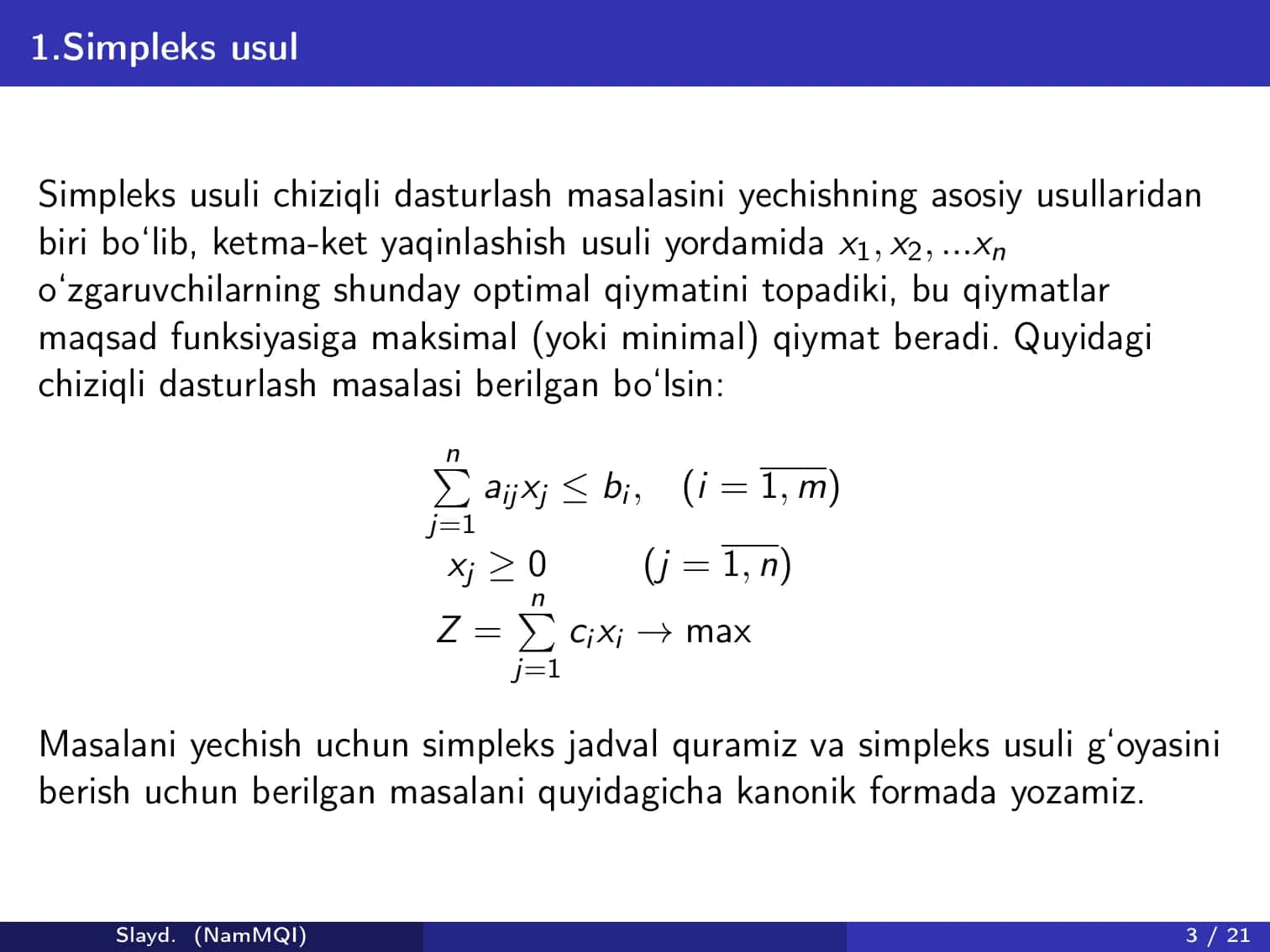 Chiziqli dasturlash masalasini simpleks usulda yechish 3