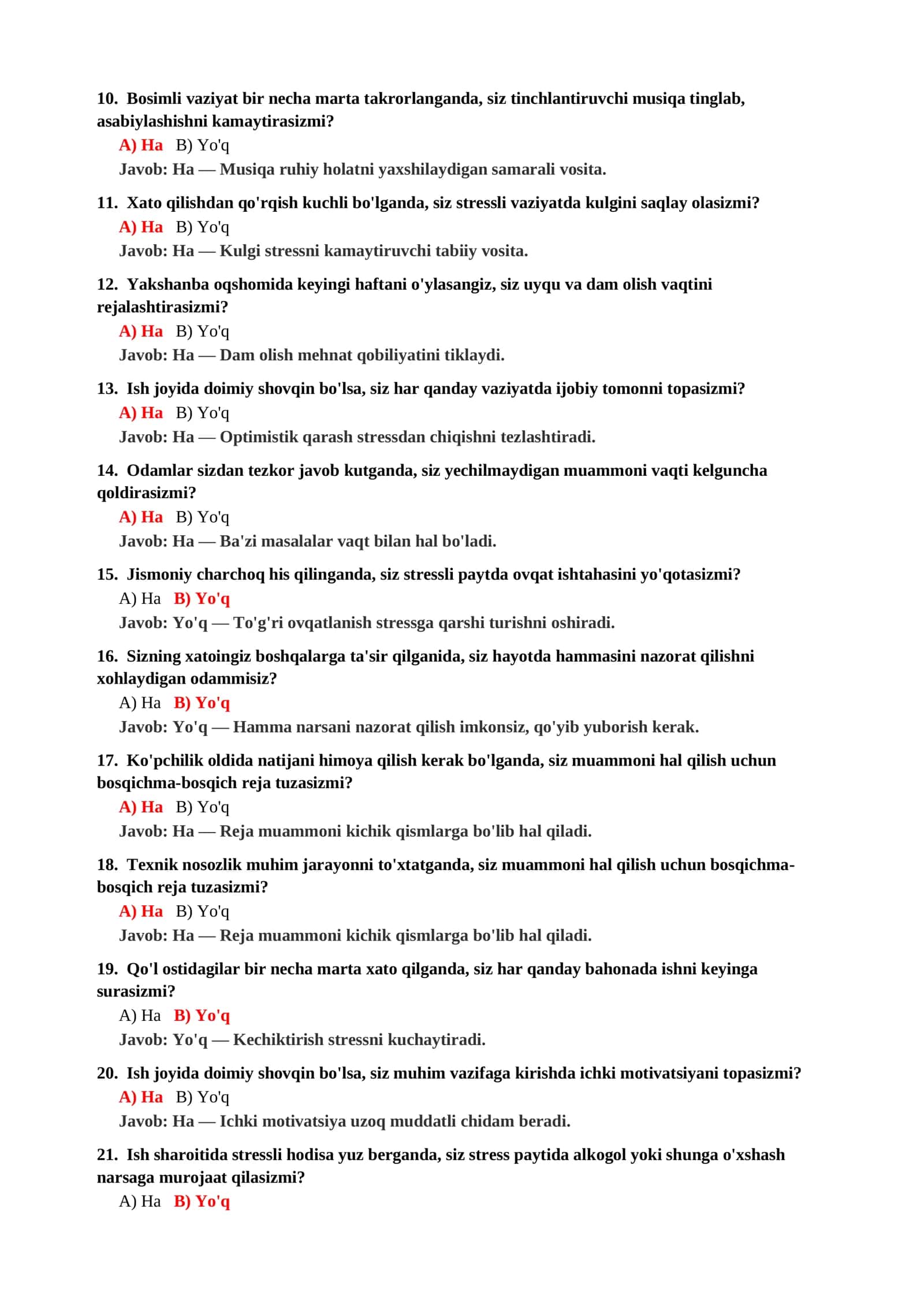 XAVOTIRLI VAZIYATLARDA O'ZINI TUTISH TESTI 3