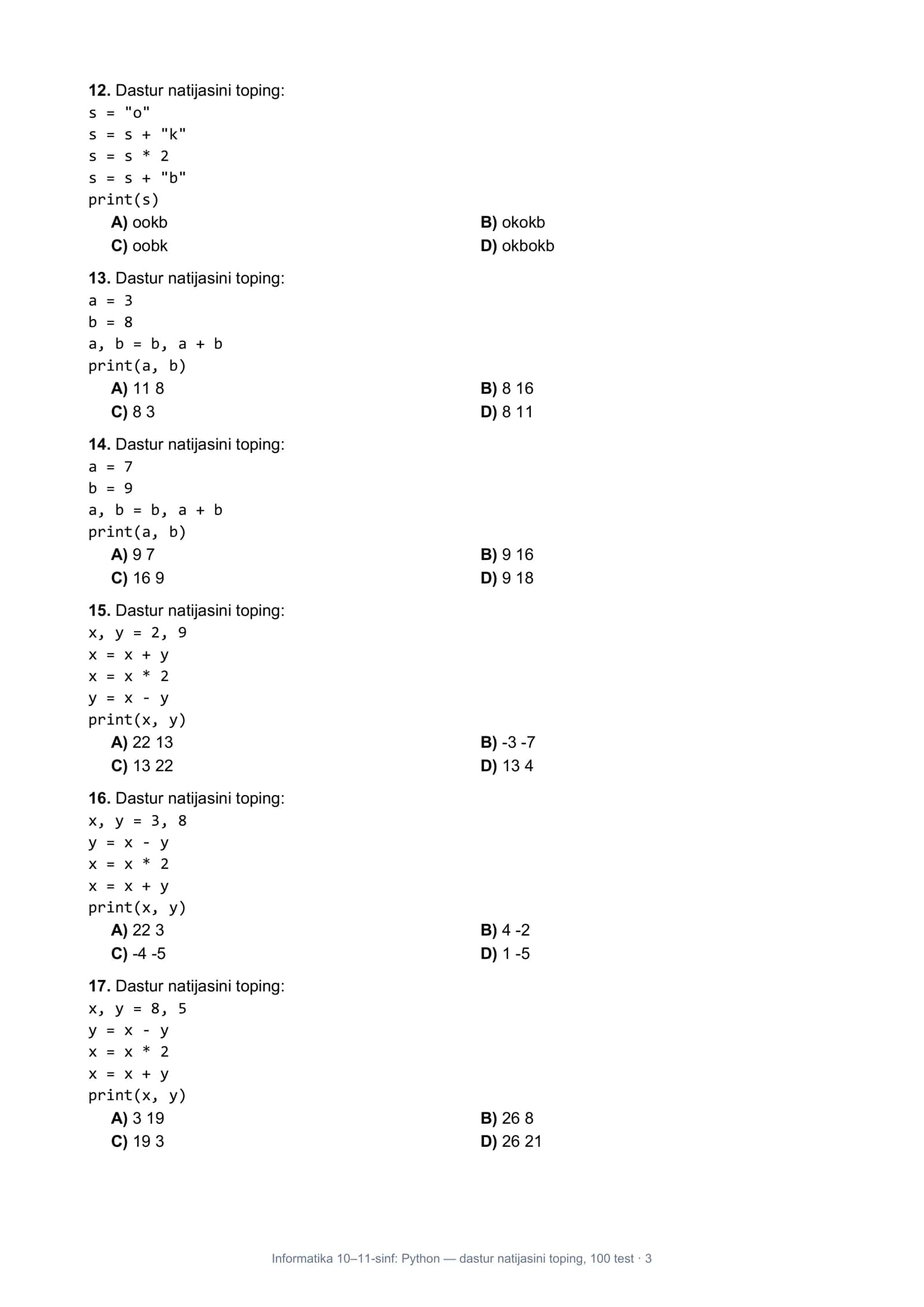 Informatika 10–11-sinf: Python — dastur natijasini toping, 100 test 3