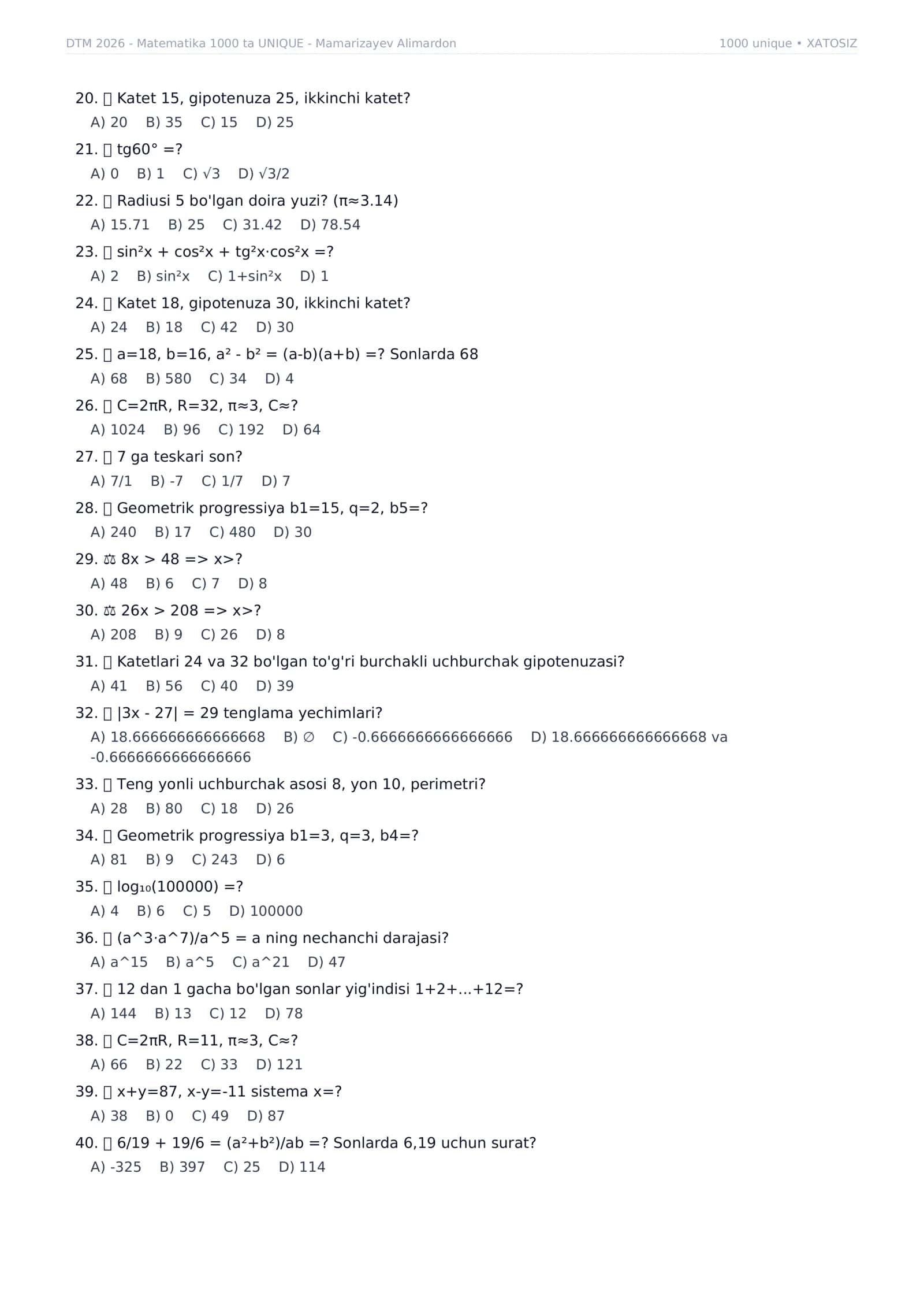 DTM Matematikadan 1000 ta testlar to'plami 3