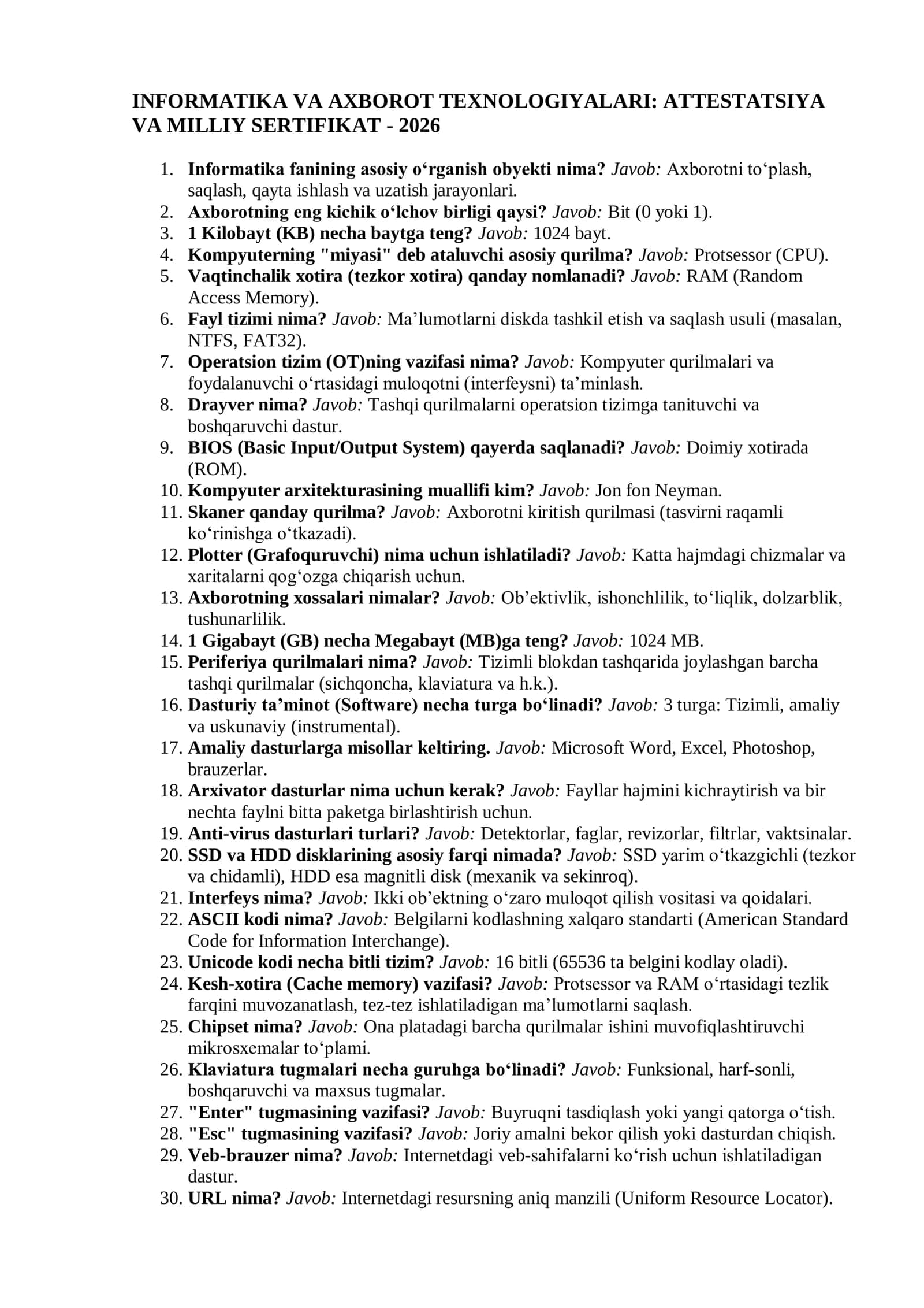 Informatika 2026: Attestatsiya va Milliy sertifikat uchun 500 talik SUPER TESTLAR BAZASI 3