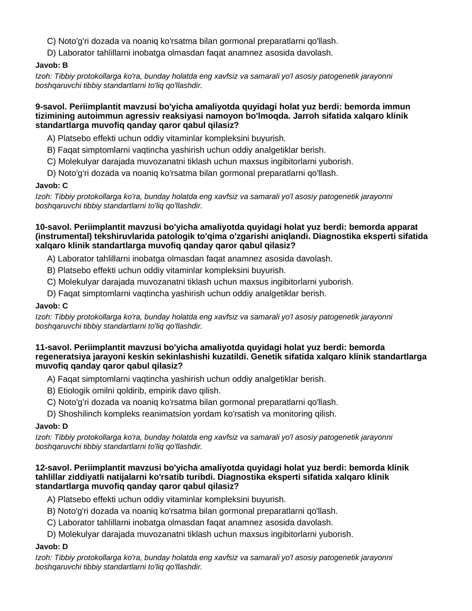 Terapevtik stomatologiya testlar bazasi - Periimplantit - 2-QISM 3