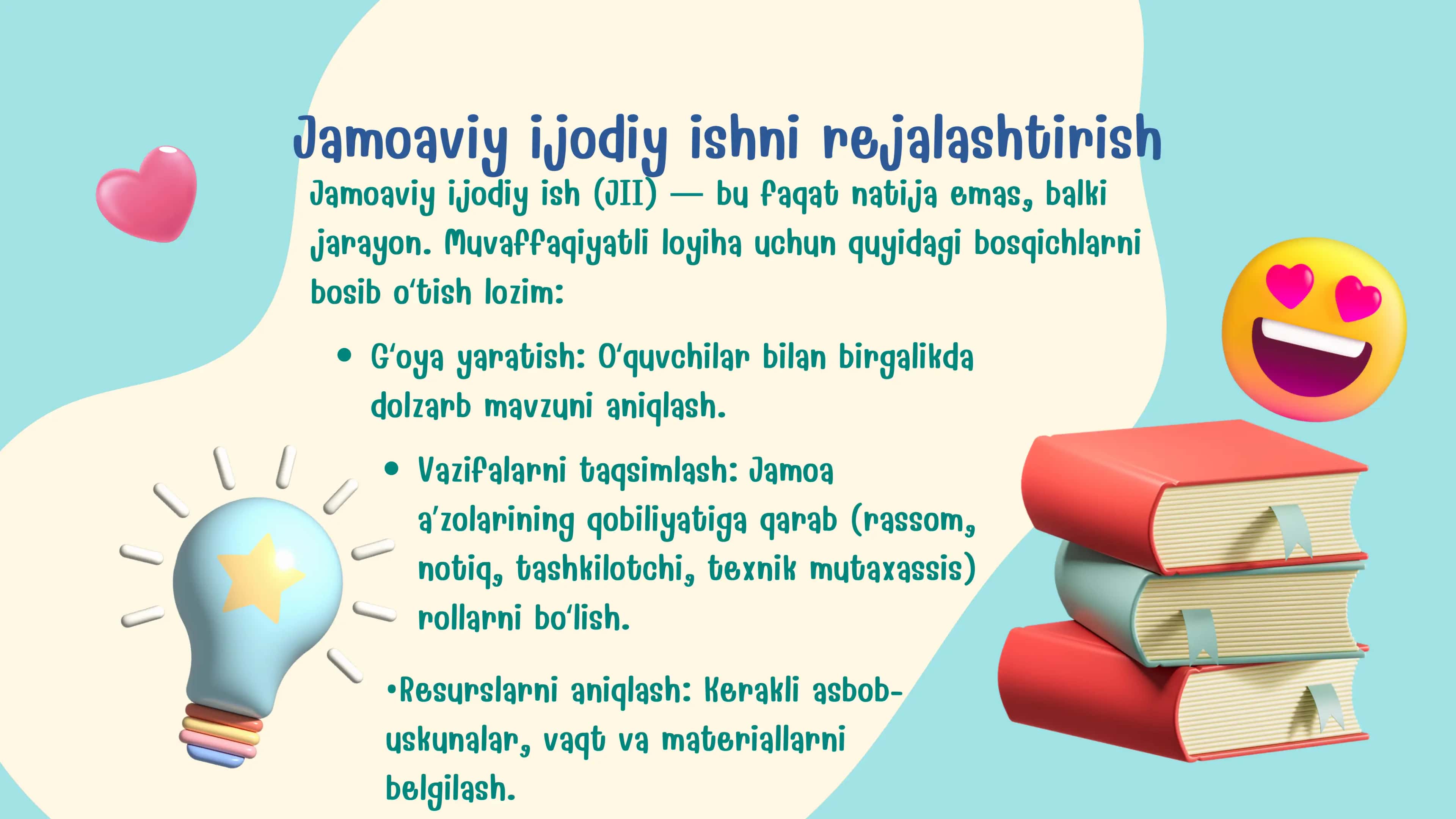 Jamoaviy ijodiy ishni muvaffaqiyatli loyihaga aylantirish jarayoni va rejalashtirish bosqichlari. 3