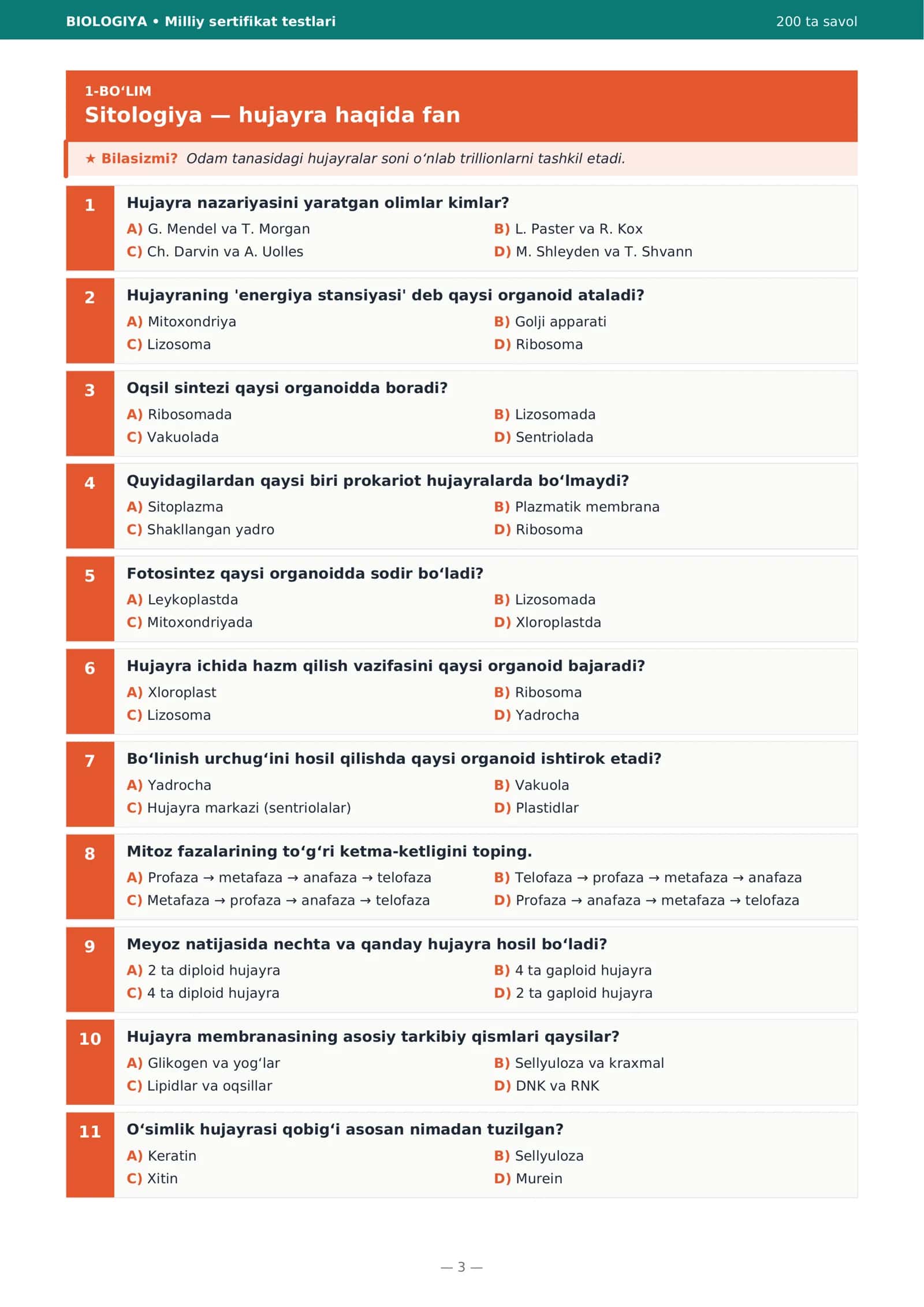 MILLIY SERTIFIKAT UCHUN TAYYORGARLIK BIOLOGIYA 200 TA TEST Javoblar kaliti bilan 3