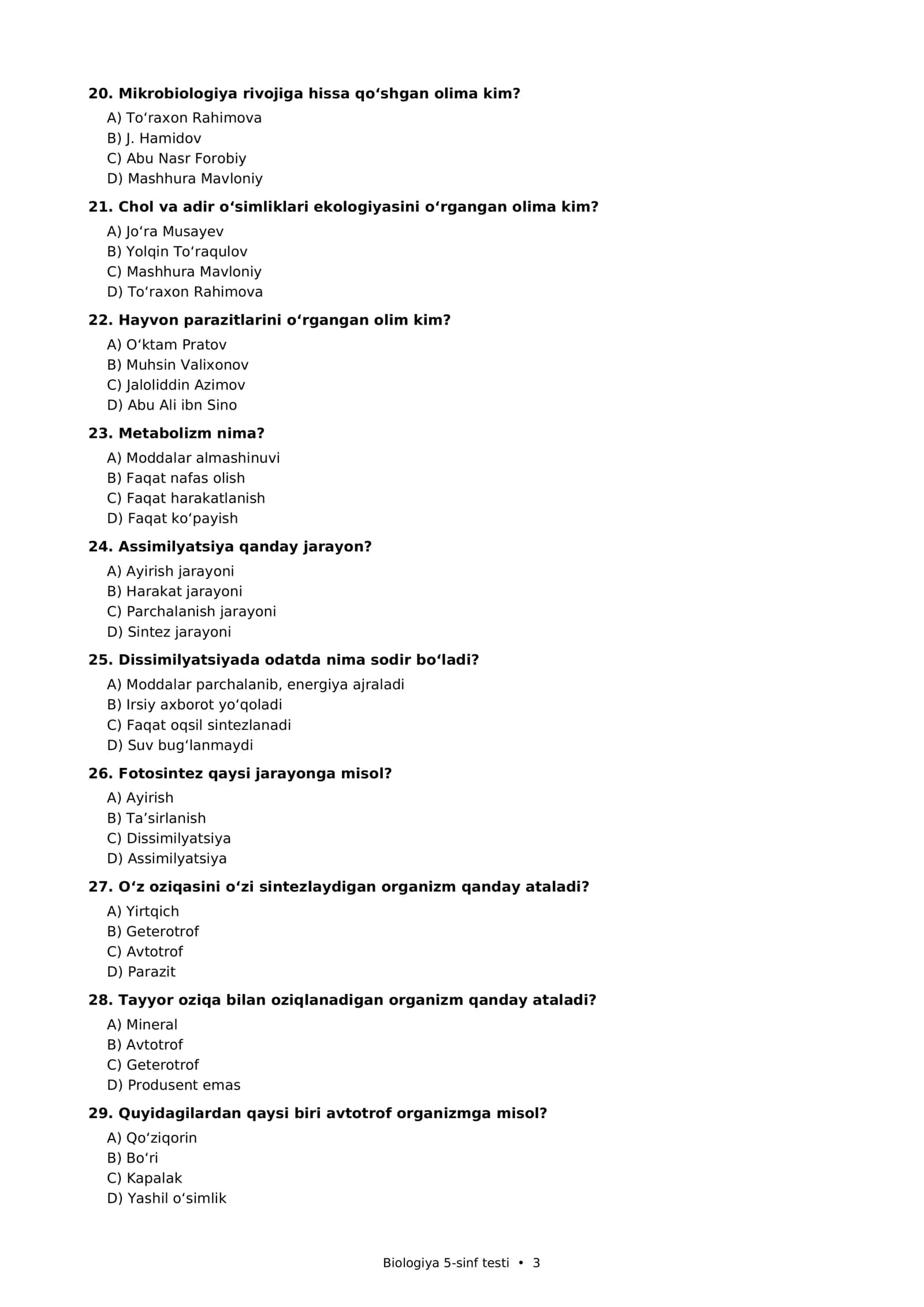 Biologiya 5-sinf testi • 1 3