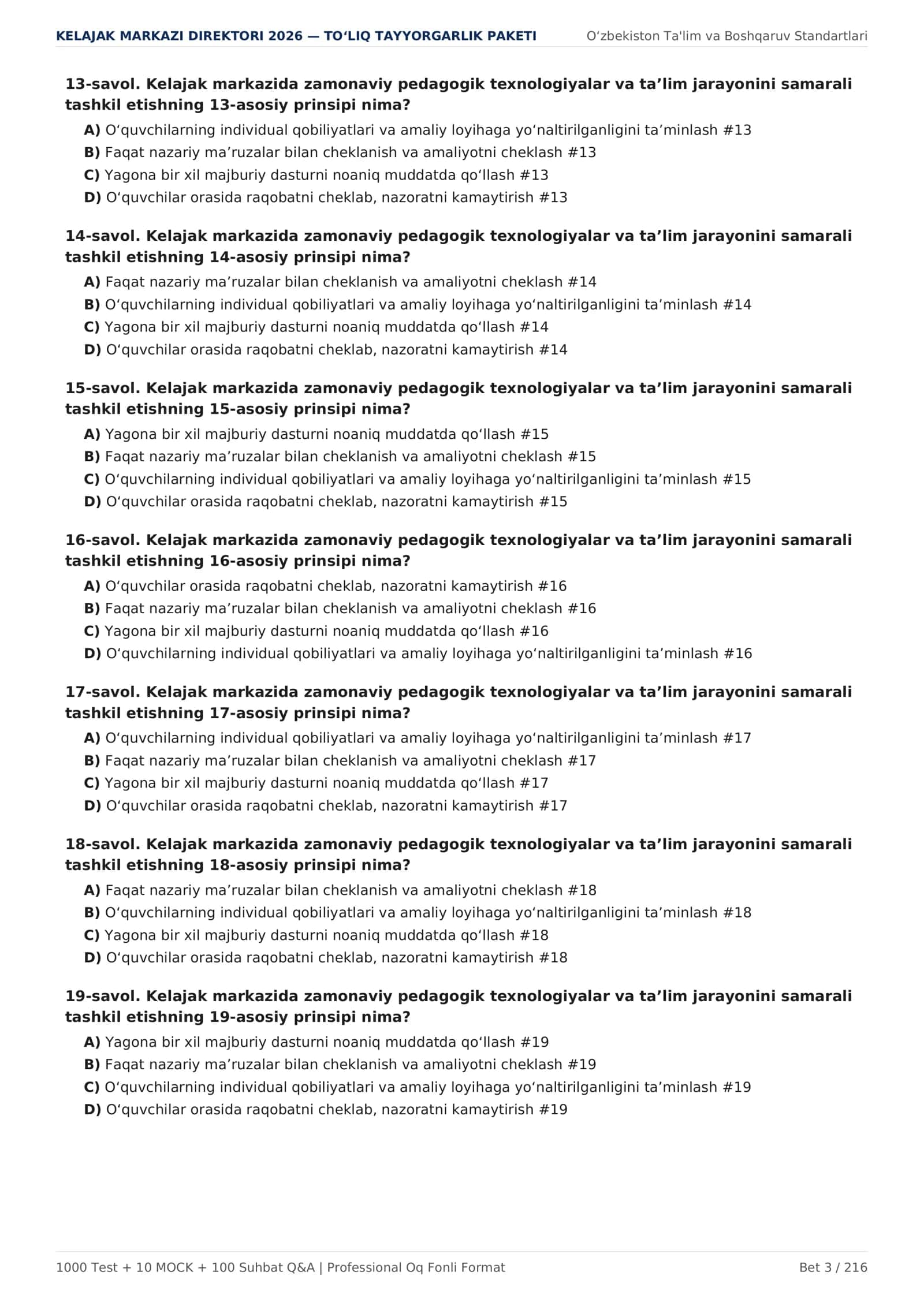 KELAJAK MARKAZI DIREKTORI 2026 — 1000 TEST + 10 MOCK + 100 SUHBAT 3