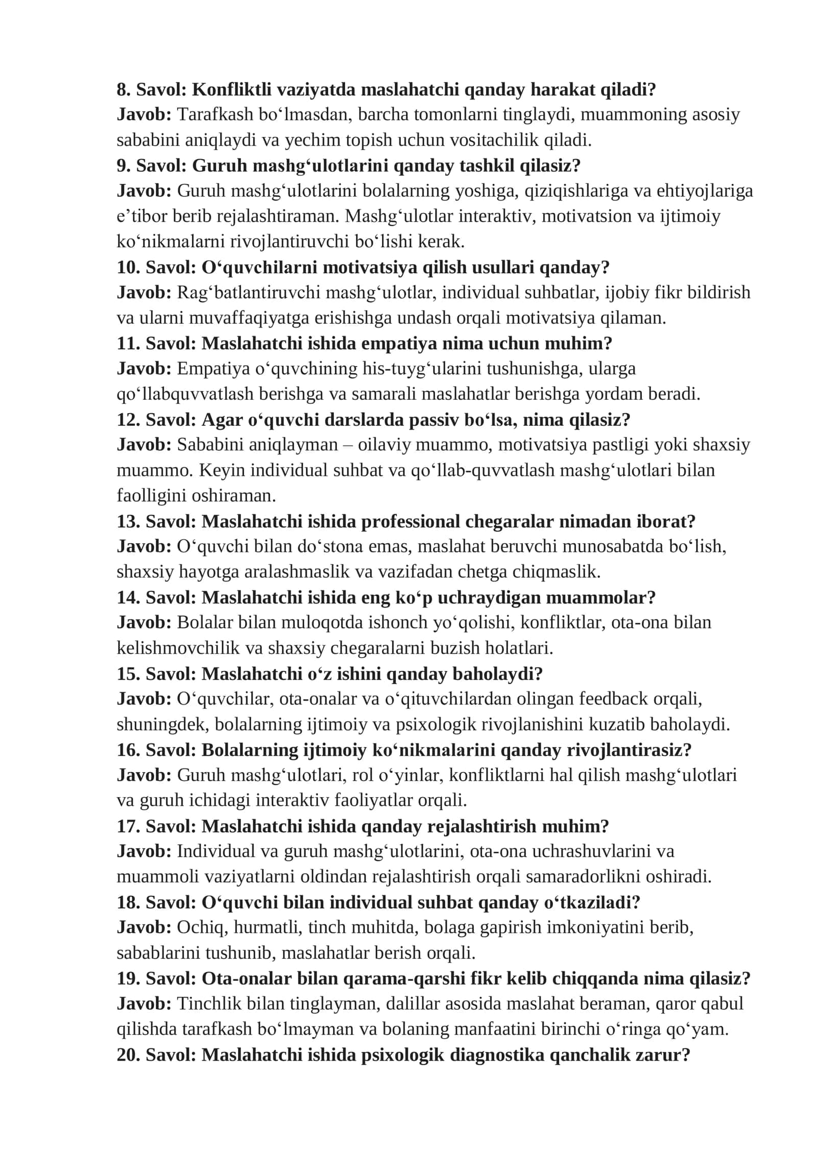 Maktab Maslahatchisi ARGOS Suhbat Savol-Javoblari — 250 ta Savol va Javob 3