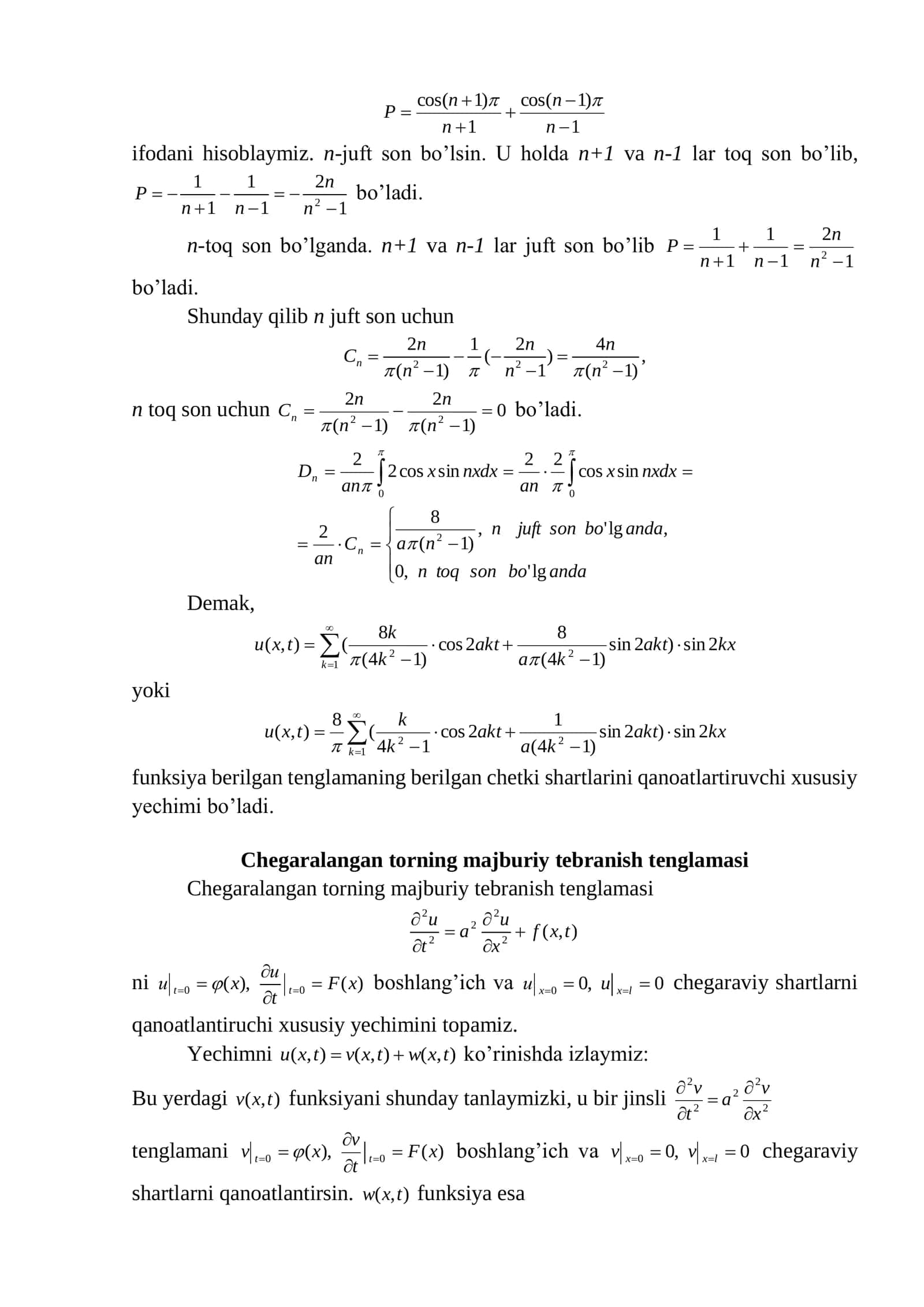 Tor tebranish tenglamasini keltirib chiqarish va uni yechish. Matematik fizikaning ba’zi-bir tenglamalari va ularning yechimlari haqida 3