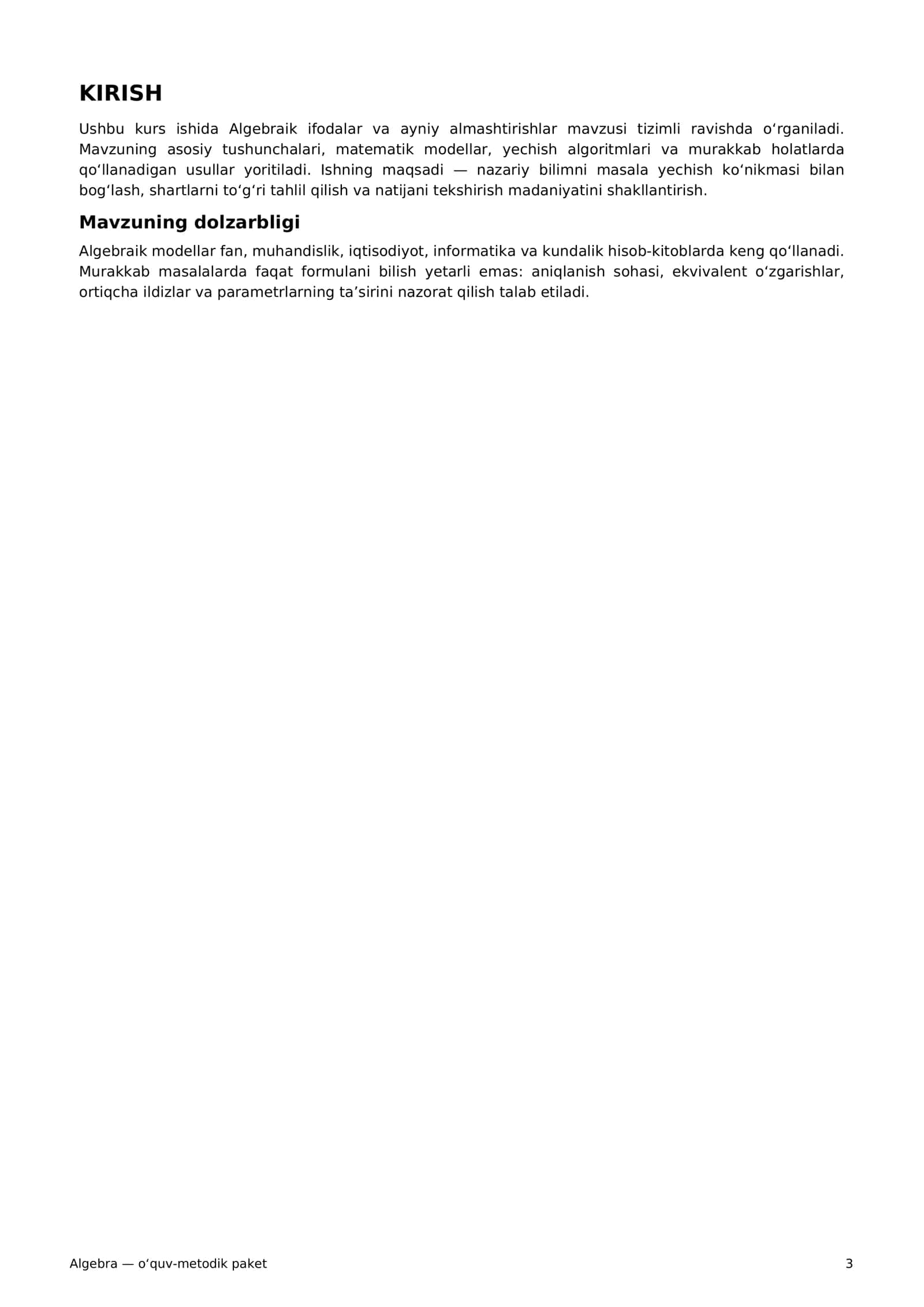 Algebra — o‘quv-metodik paket 3
