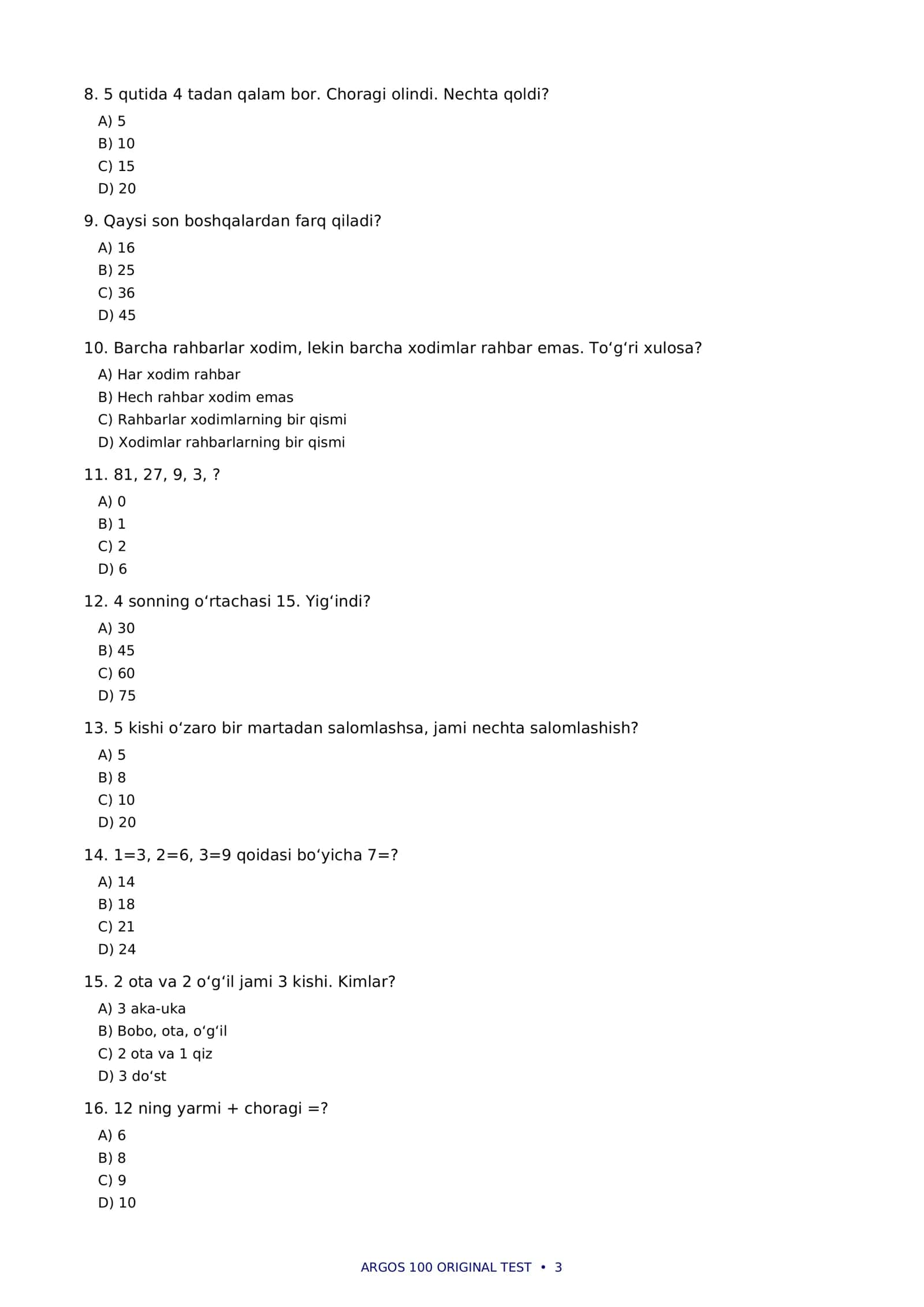 📚 ARGOS imtihoniga tayyorgarlik — 100 ta ORIGINAL test | Mantiq + Qonunchilik + IT 3
