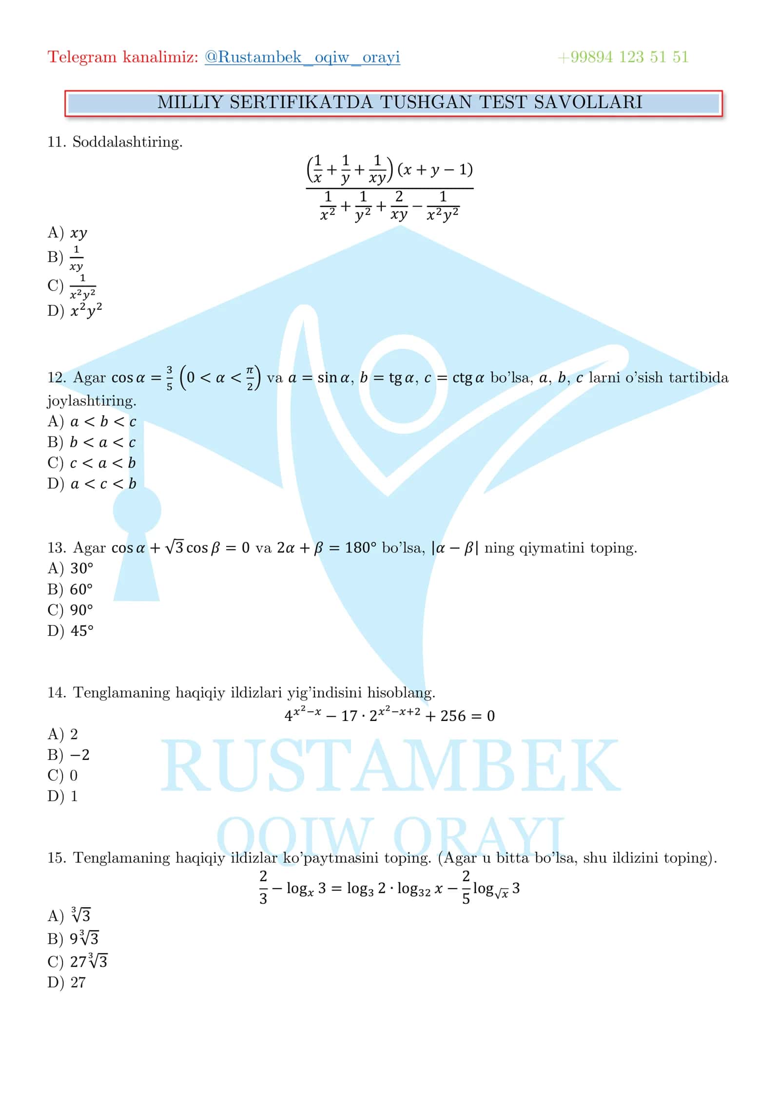 MILLIY SERTIFIKATDA TUSHGAN TEST SAVOLLARI 3